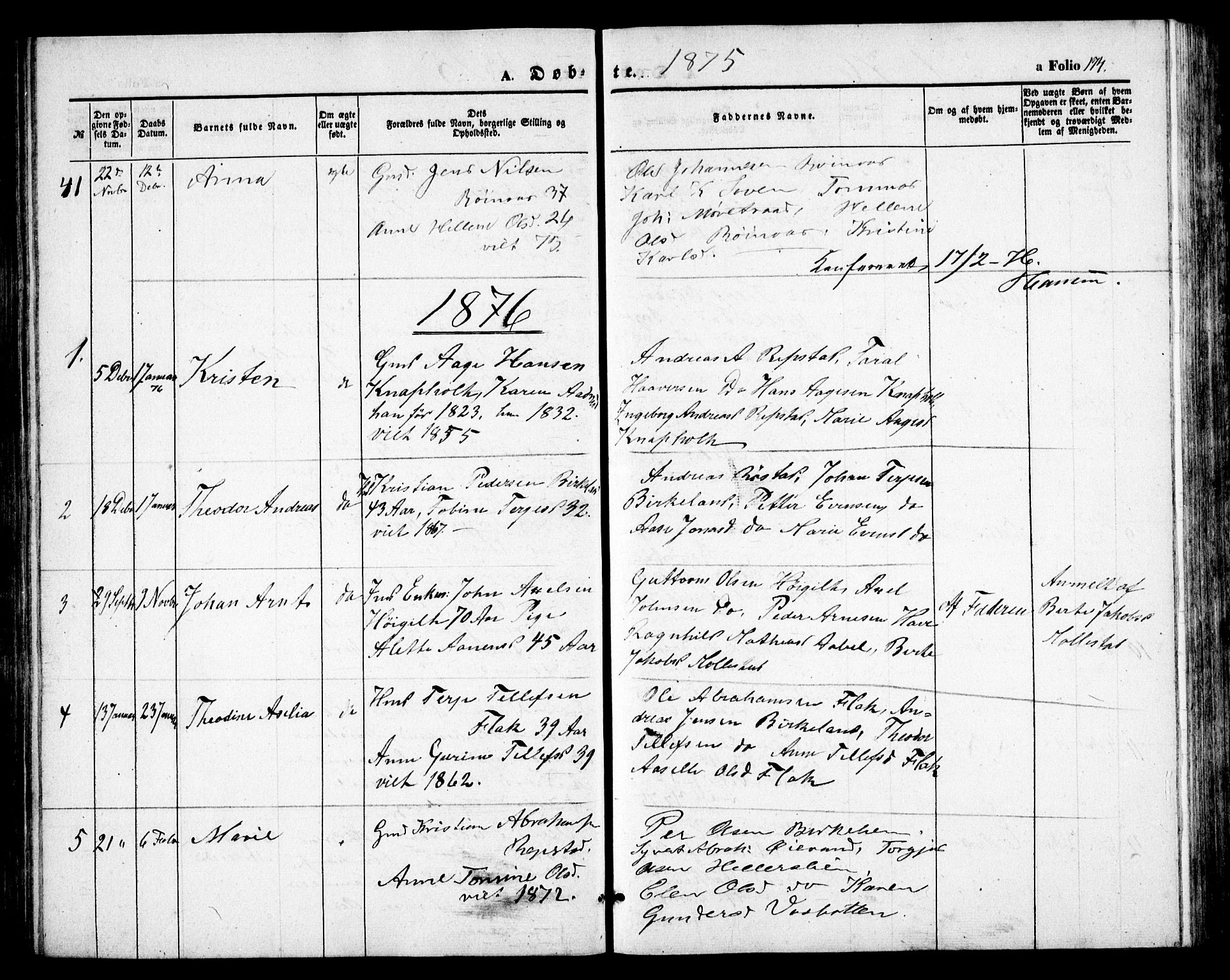 Birkenes sokneprestkontor, SAK/1111-0004/F/Fb/L0002: Parish register (copy) no. B 2, 1849-1876, p. 174