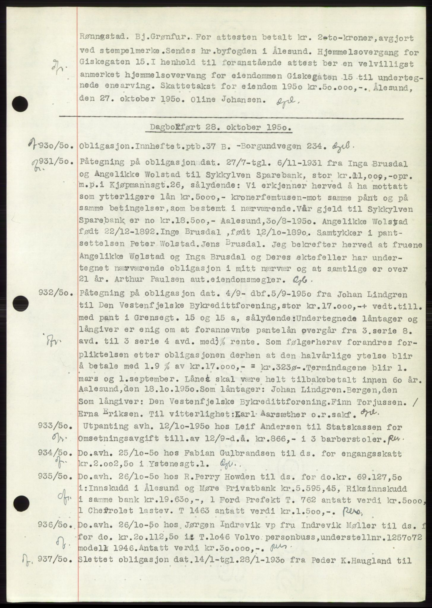 Ålesund byfogd, AV/SAT-A-4384: Mortgage book no. C37, 1950-1951, Diary no: : 930/1950