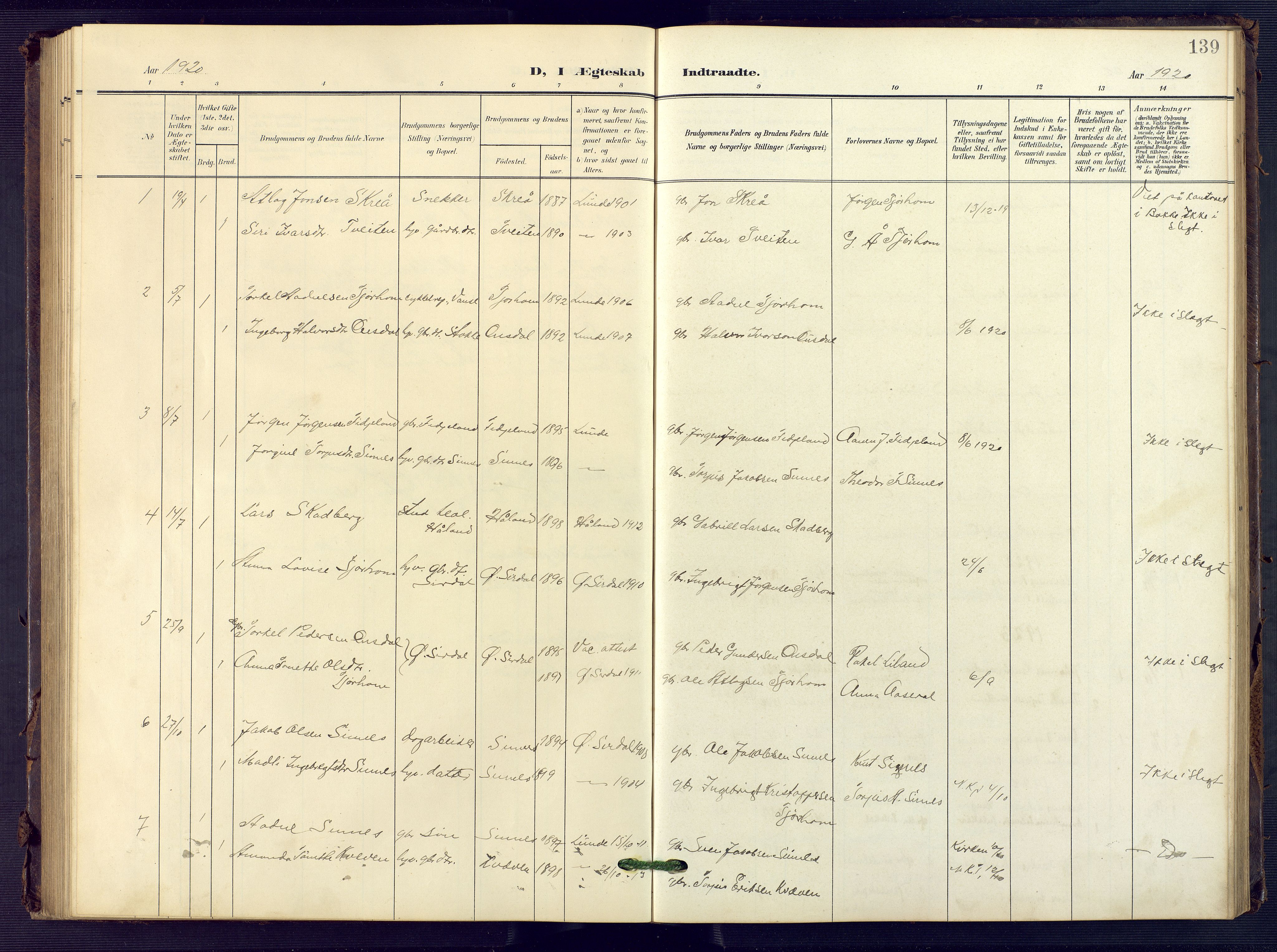 Sirdal sokneprestkontor, SAK/1111-0036/F/Fb/Fba/L0002: Parish register (copy) no. B 2, 1905-1958, p. 139