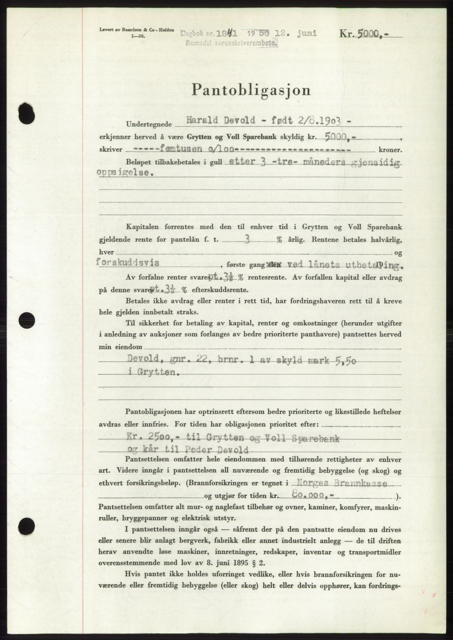 Romsdal sorenskriveri, AV/SAT-A-4149/1/2/2C: Mortgage book no. B5, 1949-1950, Diary no: : 1841/1950