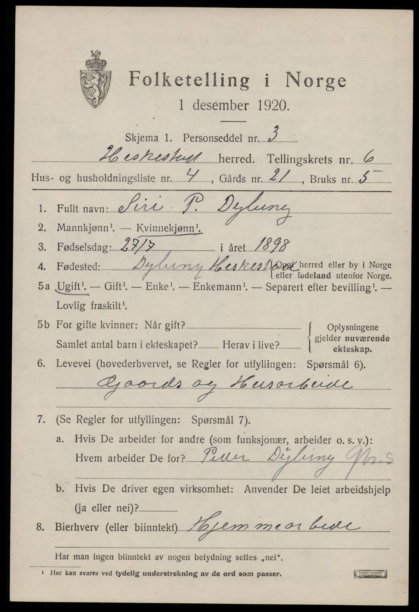 SAST, 1920 census for Heskestad, 1920, p. 2029