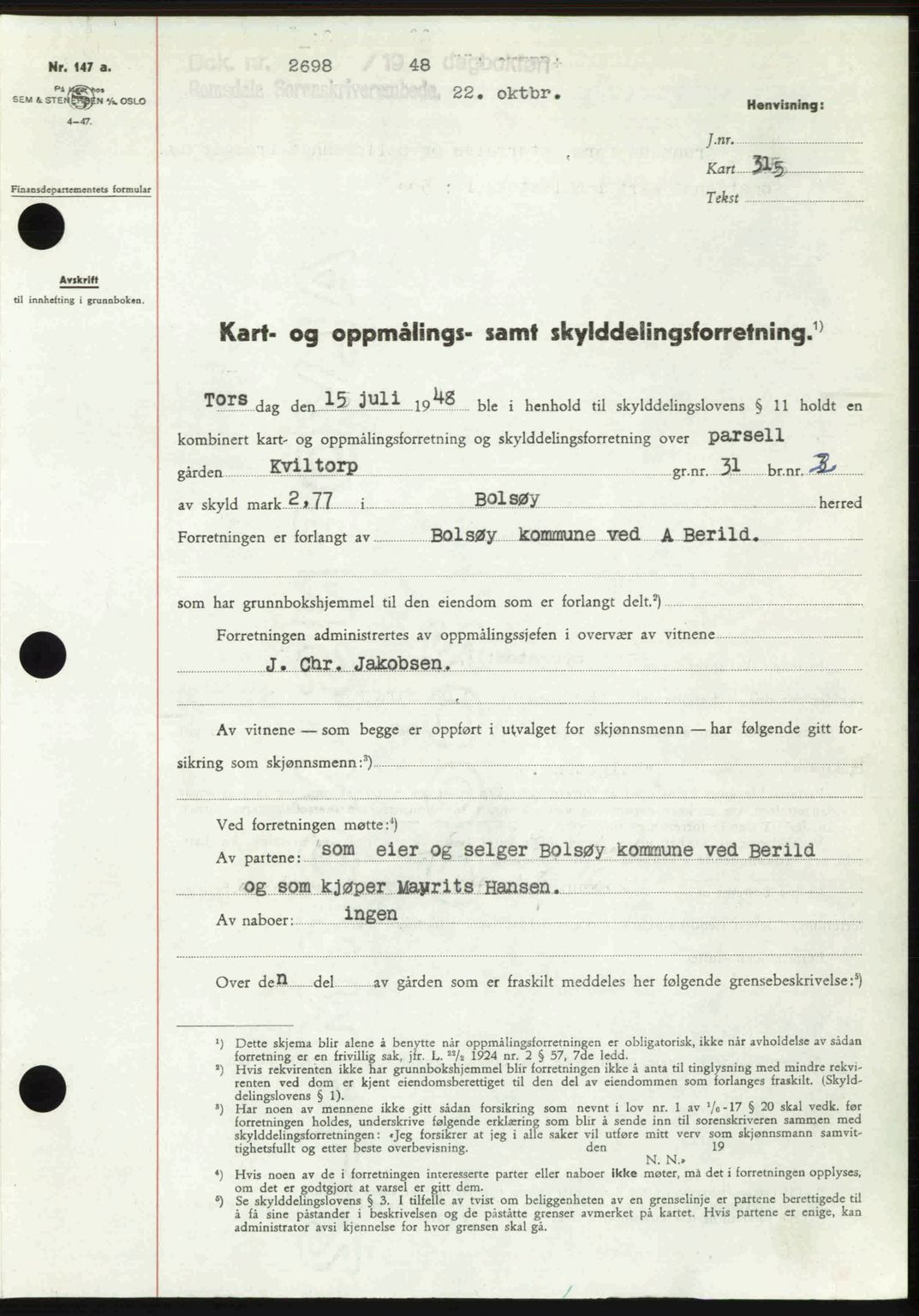 Romsdal sorenskriveri, AV/SAT-A-4149/1/2/2C: Mortgage book no. A27, 1948-1948, Diary no: : 2698/1948