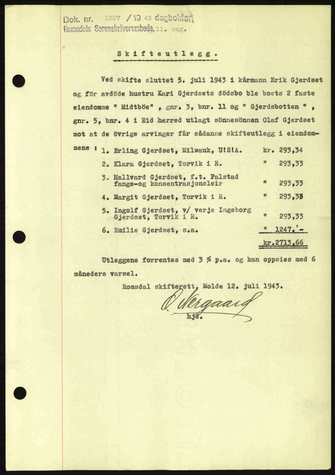 Romsdal sorenskriveri, AV/SAT-A-4149/1/2/2C: Mortgage book no. B2, 1939-1945, Diary no: : 1327/1943