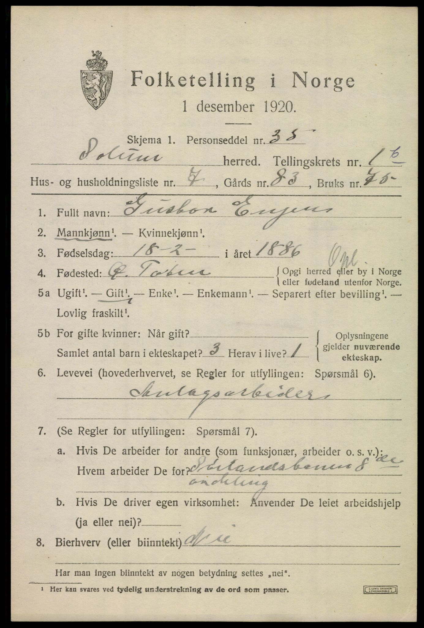SAKO, 1920 census for Solum, 1920, p. 4198
