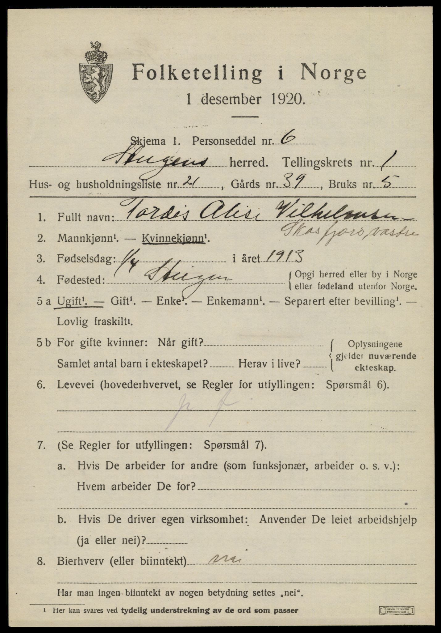 SAT, 1920 census for Steigen, 1920, p. 1116