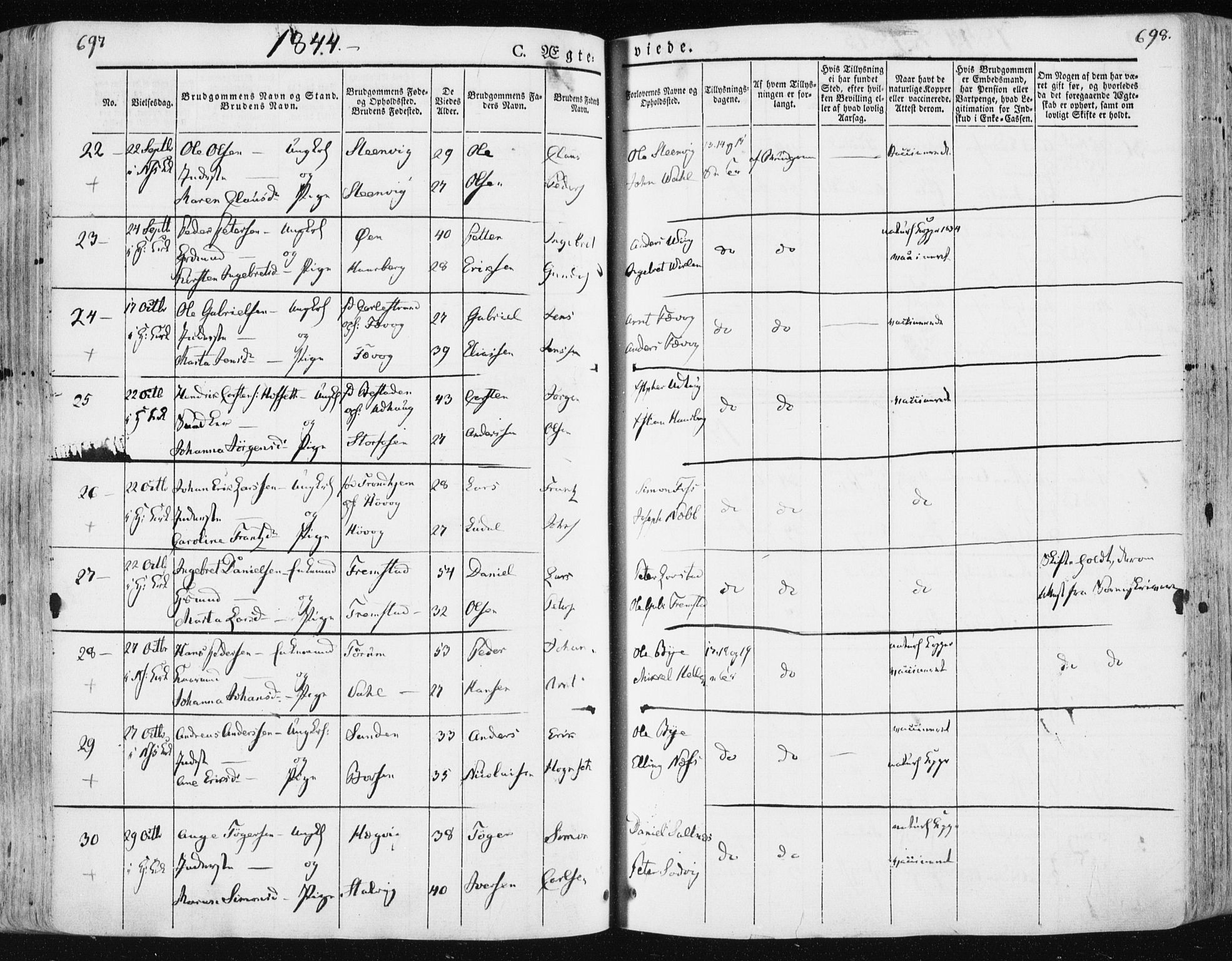 Ministerialprotokoller, klokkerbøker og fødselsregistre - Sør-Trøndelag, SAT/A-1456/659/L0736: Parish register (official) no. 659A06, 1842-1856, p. 697-698