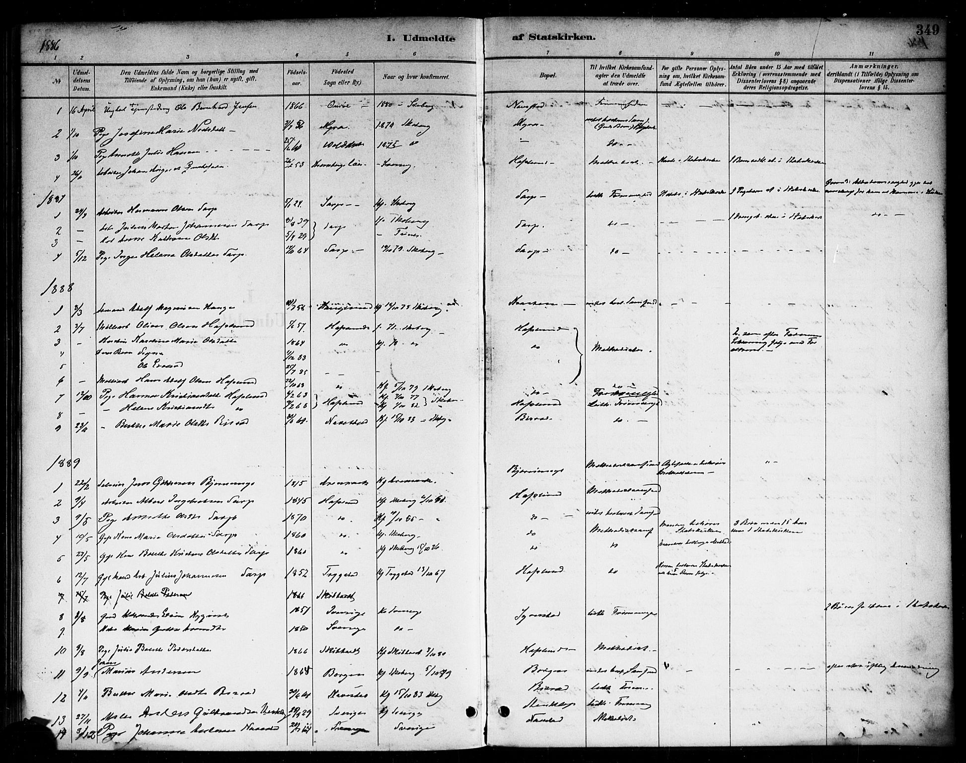 Skjeberg prestekontor Kirkebøker, AV/SAO-A-10923/F/Fa/L0009: Parish register (official) no. I 9, 1886-1897, p. 349