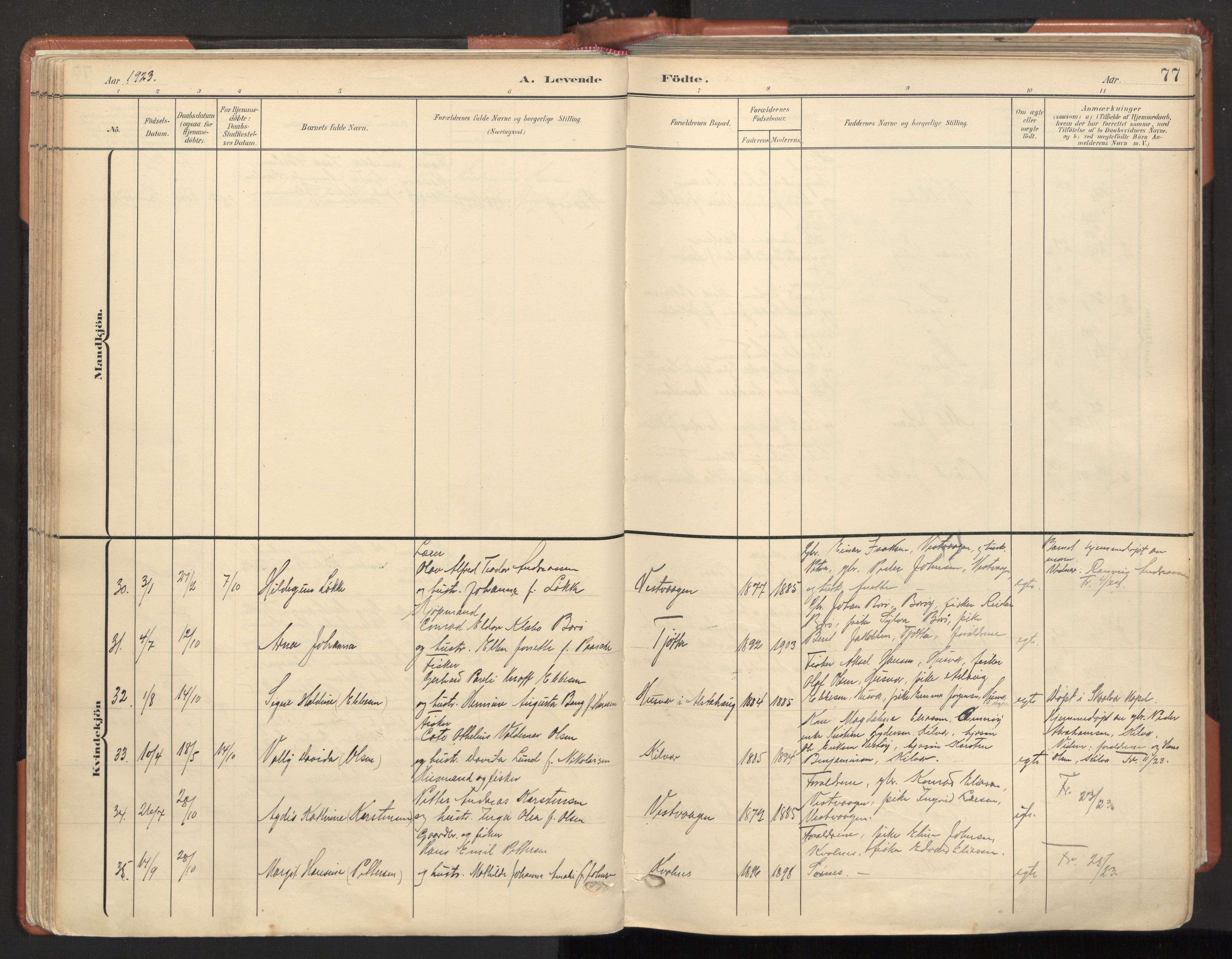 Ministerialprotokoller, klokkerbøker og fødselsregistre - Nordland, AV/SAT-A-1459/817/L0265: Parish register (official) no. 817A05, 1908-1944, p. 77