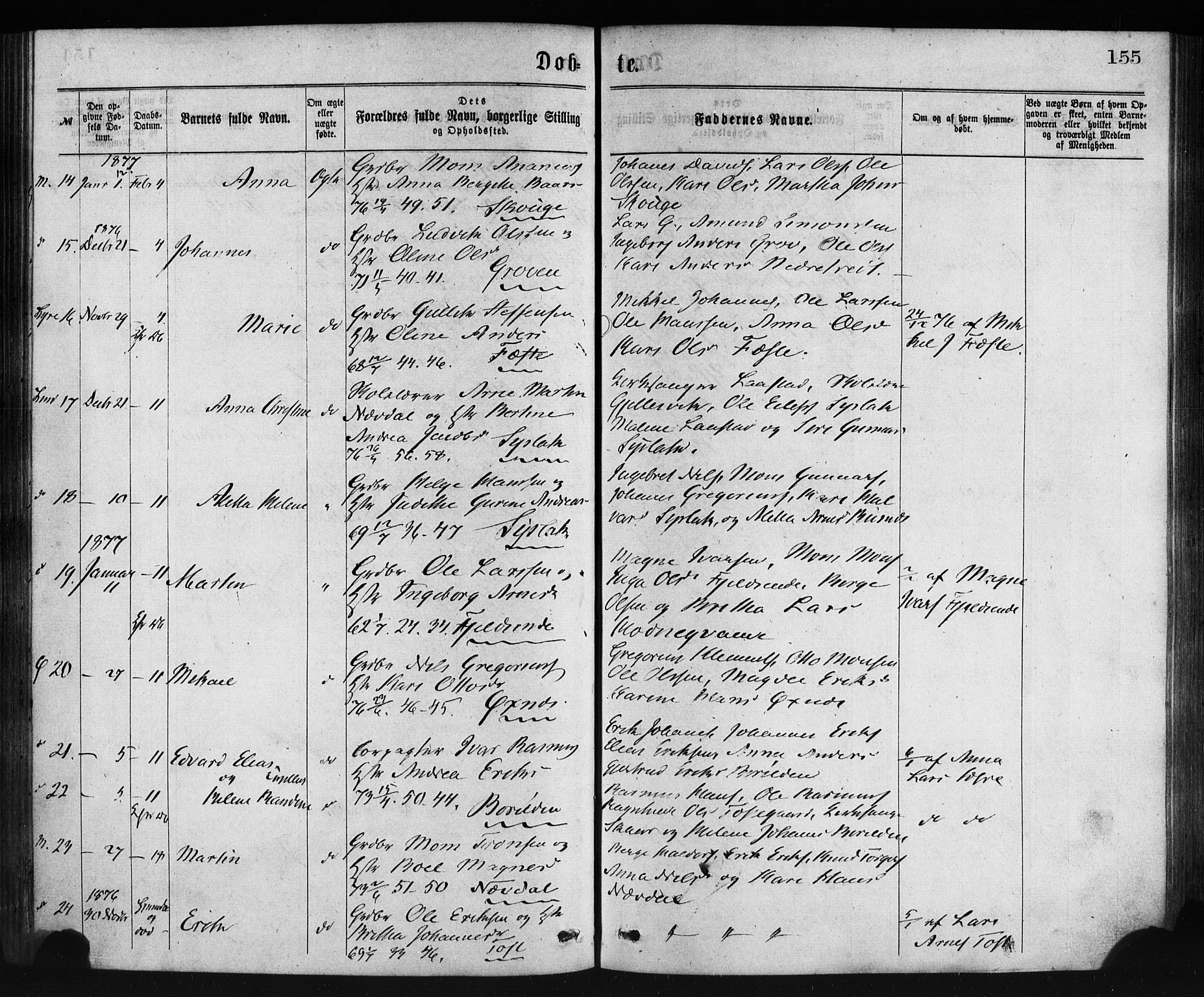 Lindås Sokneprestembete, AV/SAB-A-76701/H/Haa/Haaa/L0018: Parish register (official) no. A 18, 1869-1885, p. 155