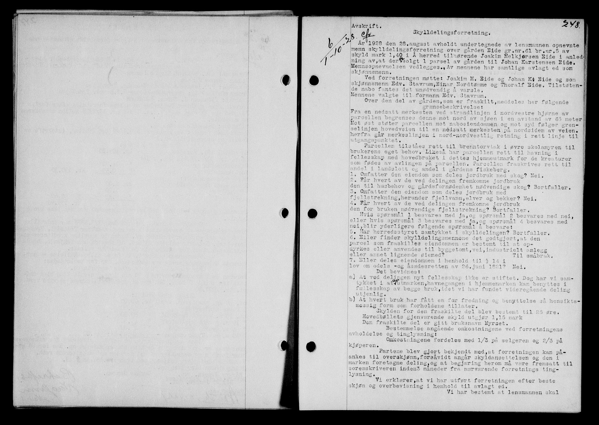 Fosen sorenskriveri, SAT/A-1107/1/2/2C/L0067: Mortgage book no. 58, 1928-1929, p. 248, Deed date: 01.10.1928