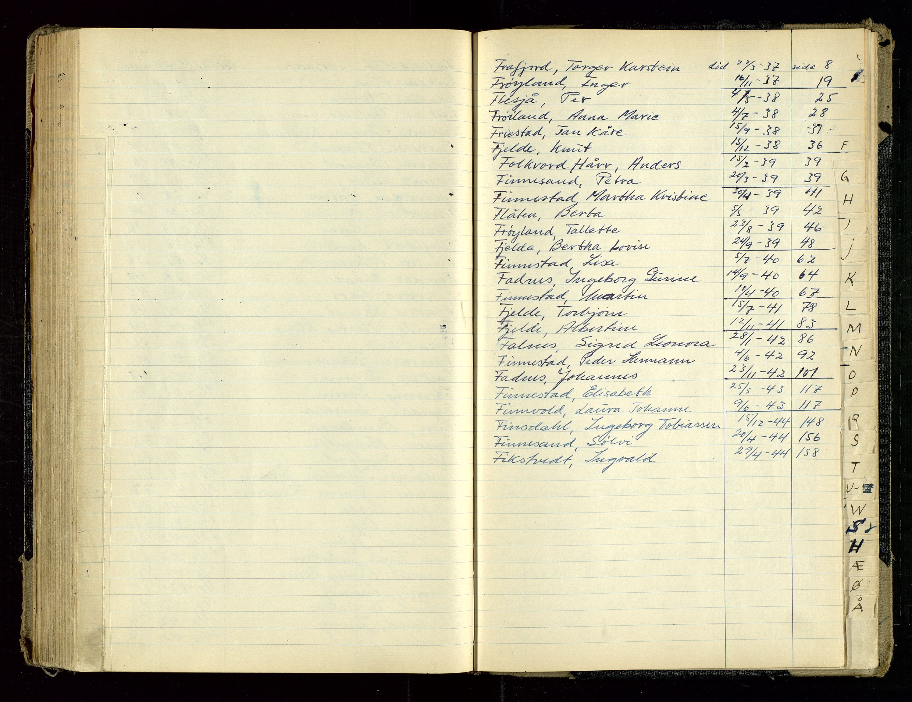 Hetland lensmannskontor, AV/SAST-A-100101/Gga/L0004: Dødsfallprotokoll (med alfabetisk navneregister), 1936-1945