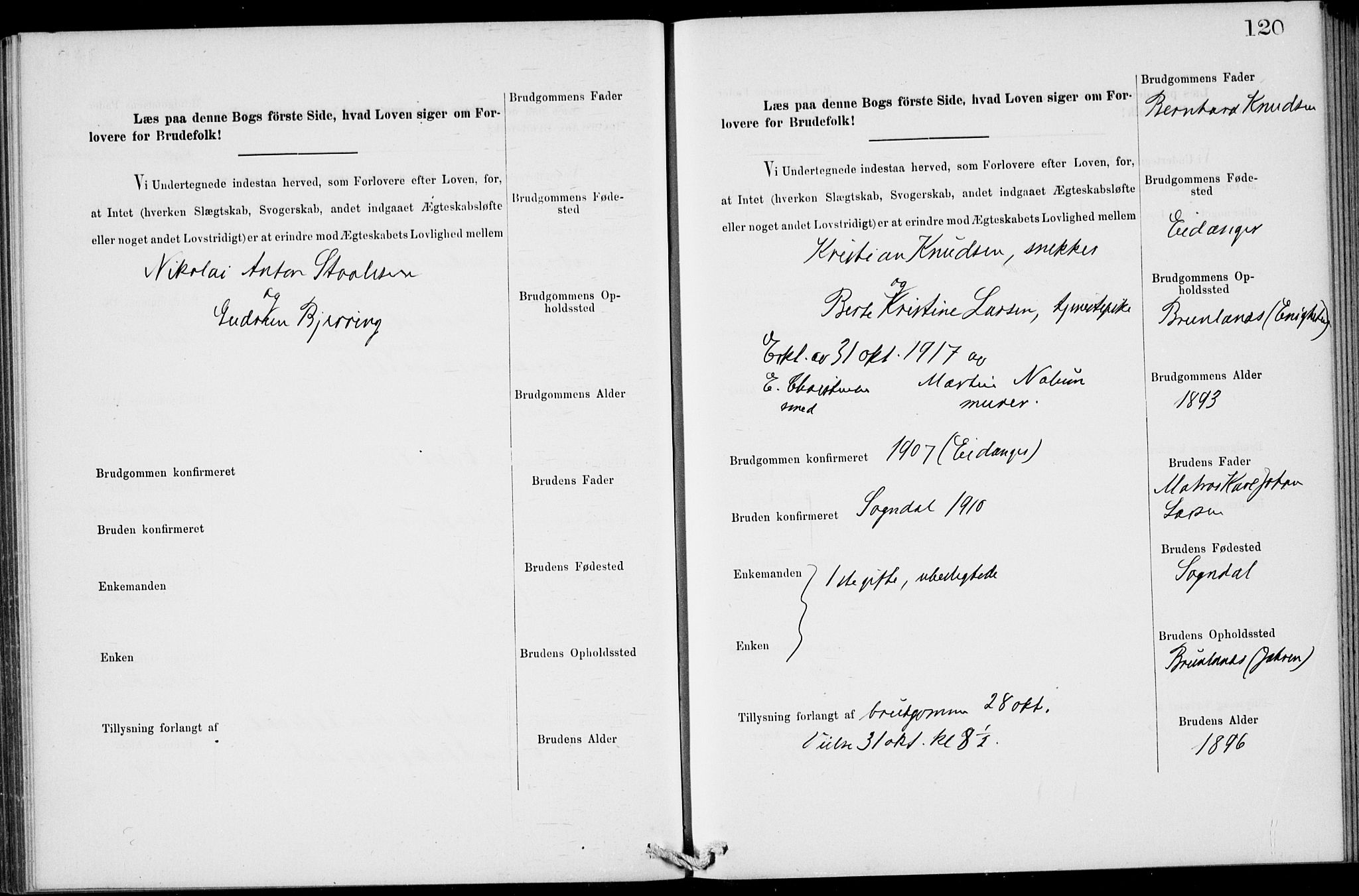 Stavern kirkebøker, SAKO/A-318/H/Ha/L0001: Banns register no. 1, 1875-1918, p. 120