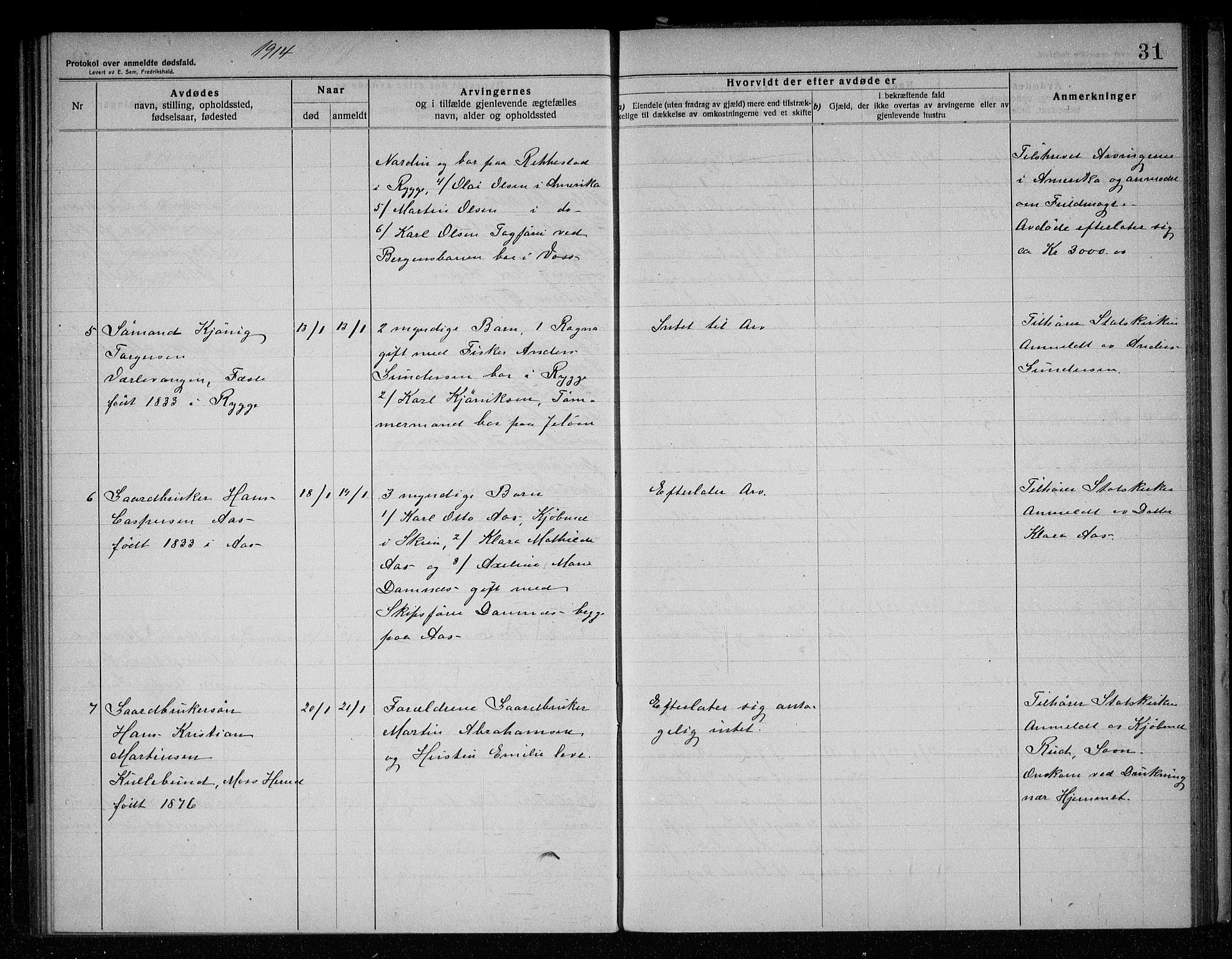 Rygge lensmannskontor, AV/SAO-A-10005/H/Ha/Haa/L0005: Dødsfallsprotokoll, 1912-1916, p. 31