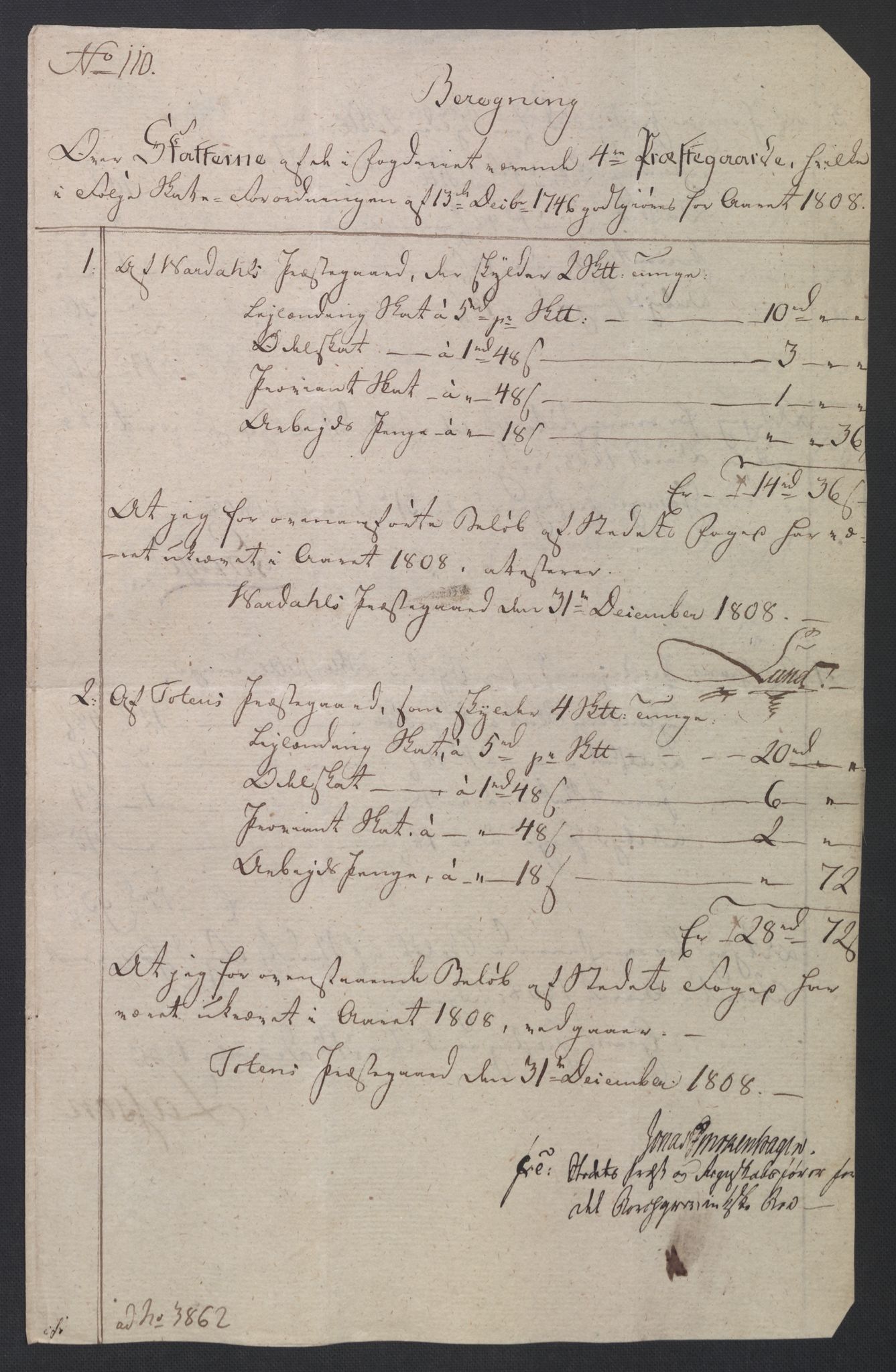 Rentekammeret inntil 1814, Reviderte regnskaper, Fogderegnskap, RA/EA-4092/R19/L1396: Fogderegnskap Toten, Hadeland og Vardal, 1808, p. 450