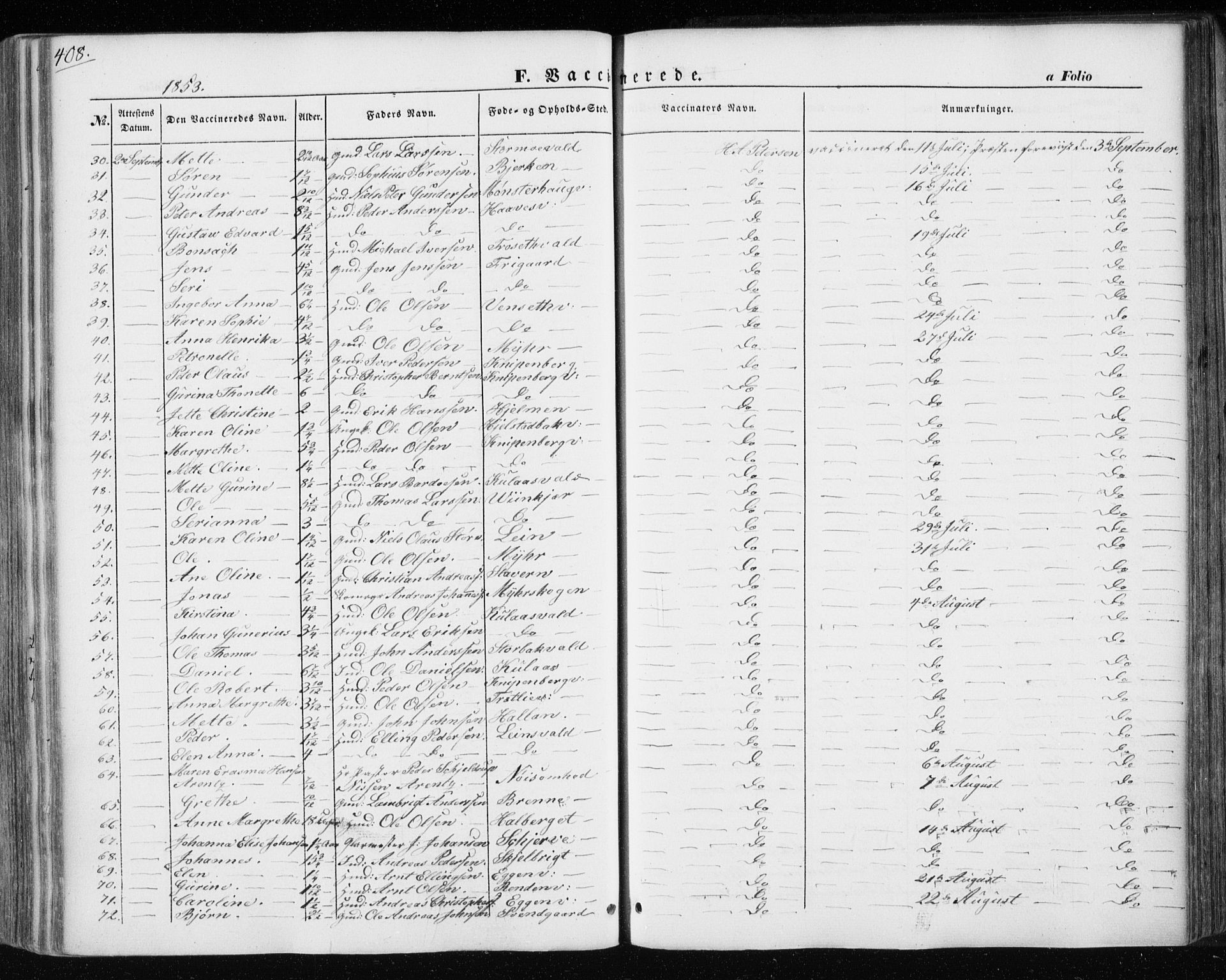 Ministerialprotokoller, klokkerbøker og fødselsregistre - Nord-Trøndelag, AV/SAT-A-1458/717/L0154: Parish register (official) no. 717A07 /1, 1850-1862, p. 408