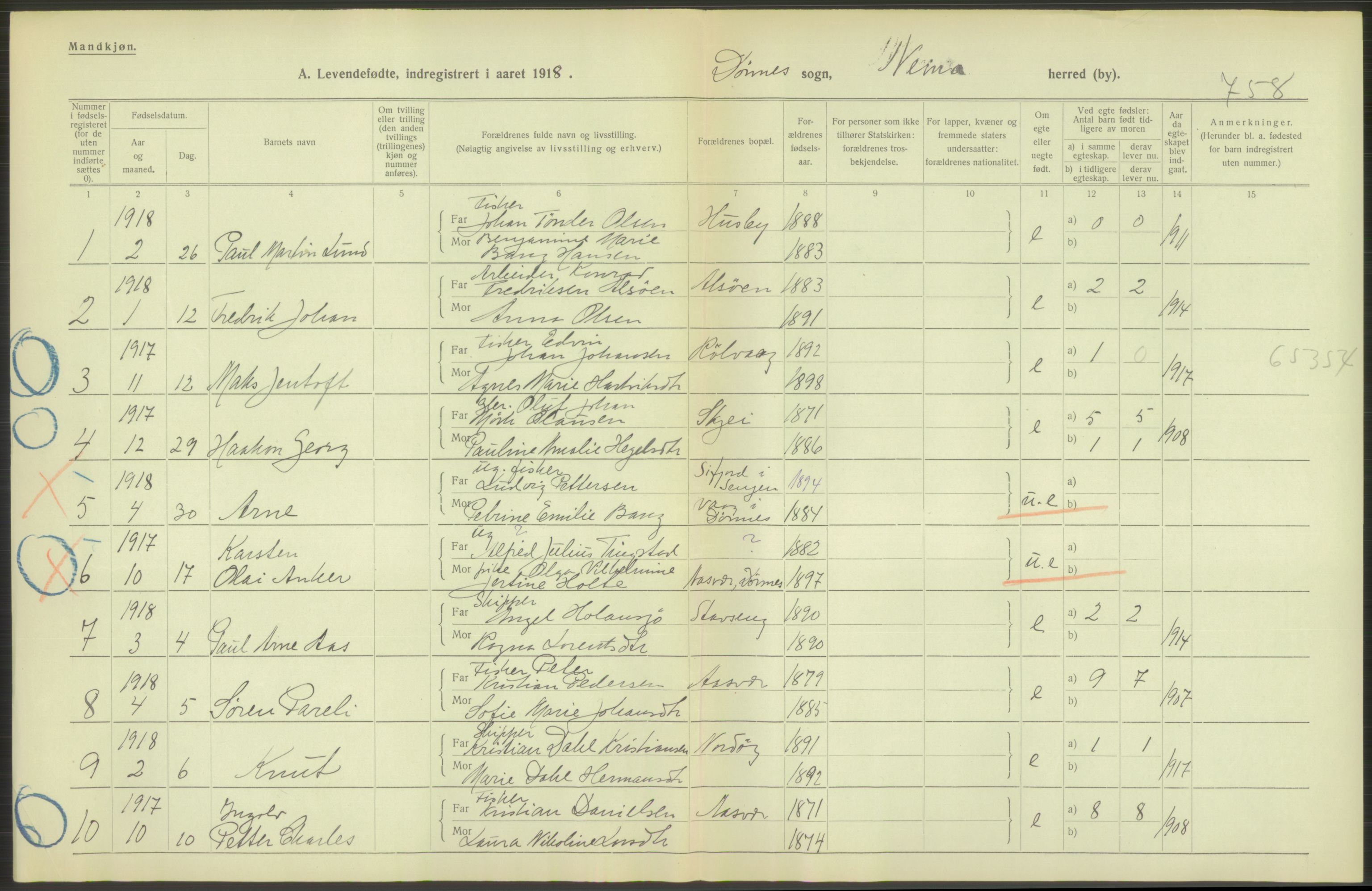 Statistisk sentralbyrå, Sosiodemografiske emner, Befolkning, AV/RA-S-2228/D/Df/Dfb/Dfbh/L0052: Nordland fylke: Levendefødte menn og kvinner. Bygder., 1918, p. 108