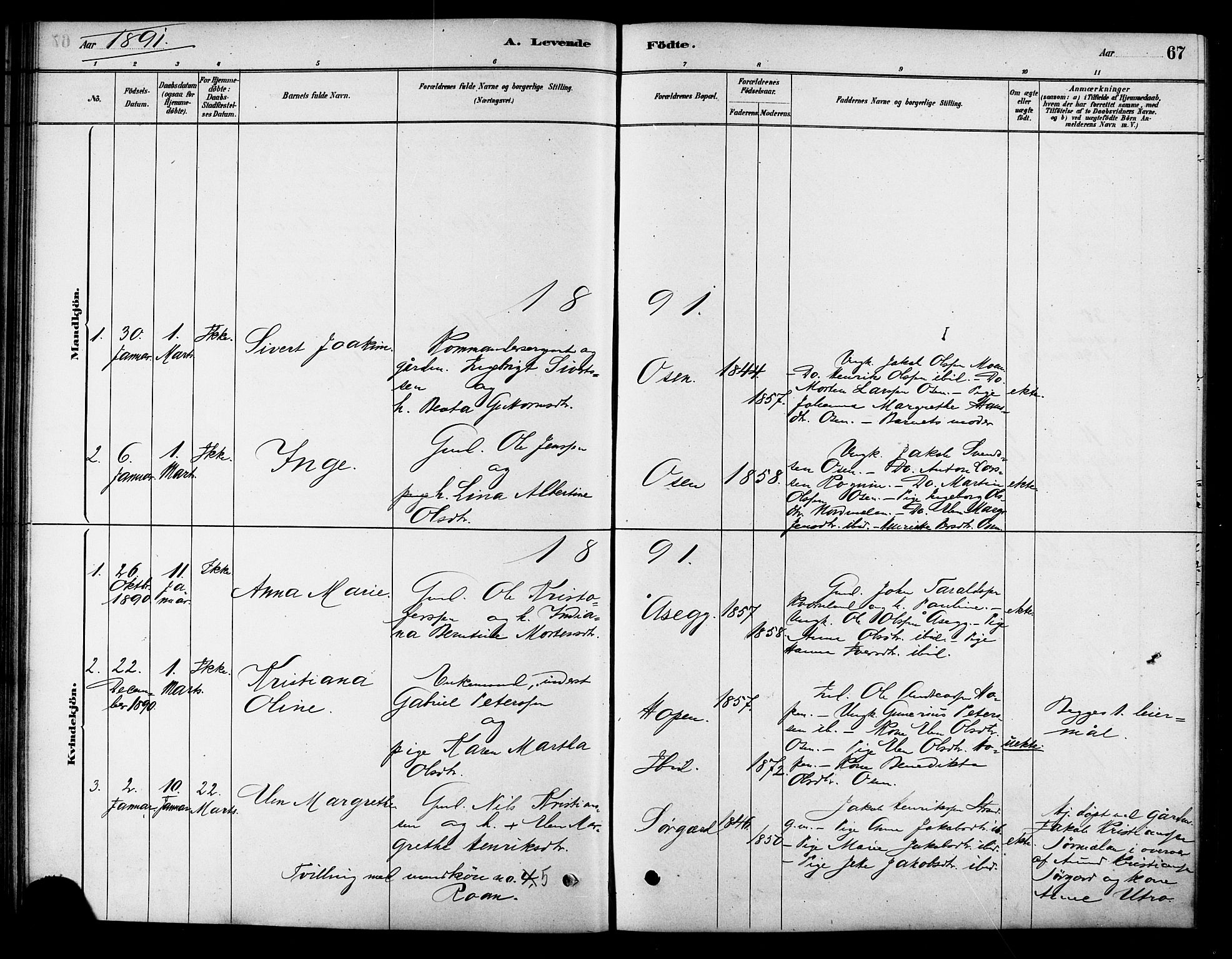 Ministerialprotokoller, klokkerbøker og fødselsregistre - Sør-Trøndelag, SAT/A-1456/658/L0722: Parish register (official) no. 658A01, 1879-1896, p. 67