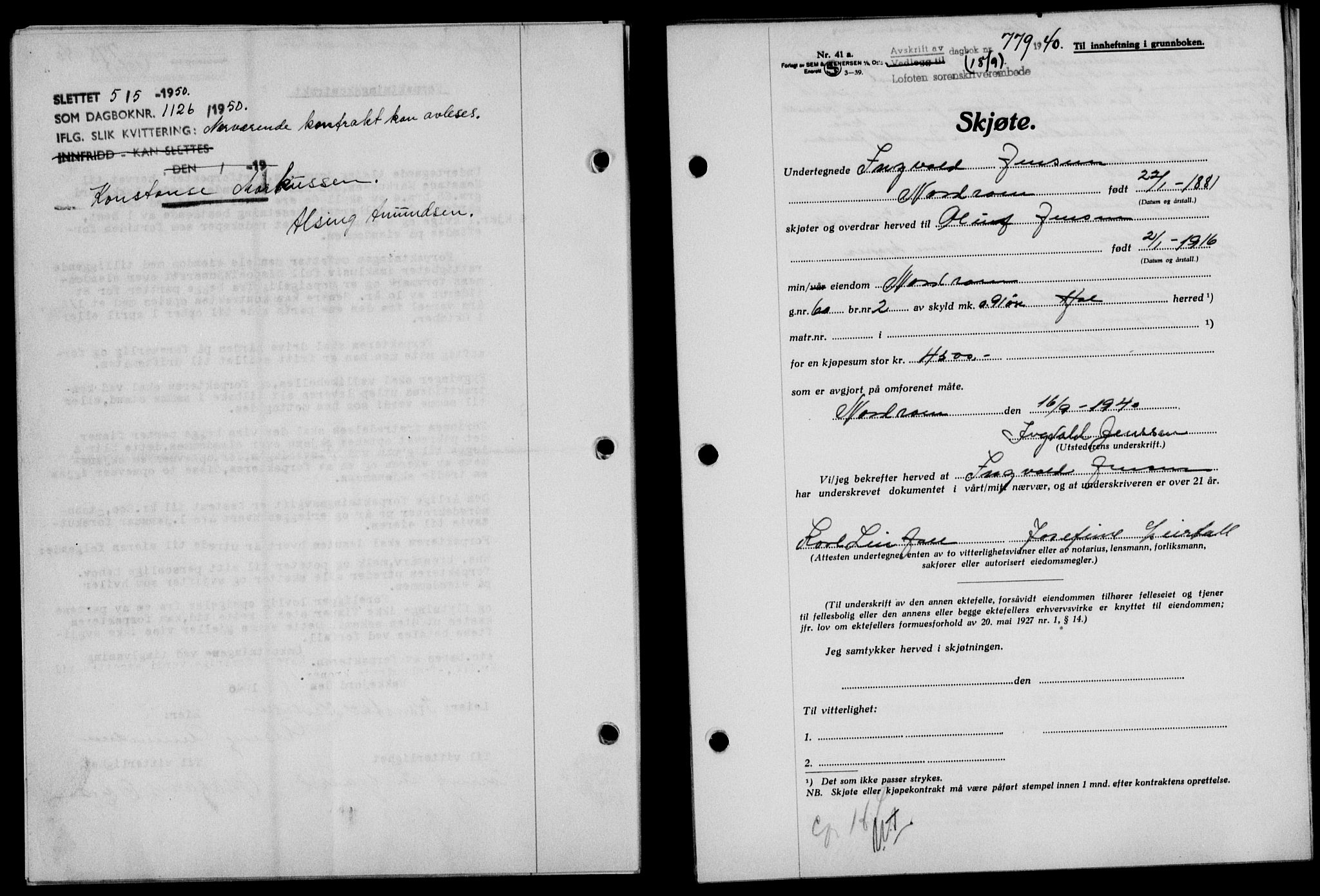 Lofoten sorenskriveri, SAT/A-0017/1/2/2C/L0007a: Mortgage book no. 7a, 1939-1940, Diary no: : 779/1940