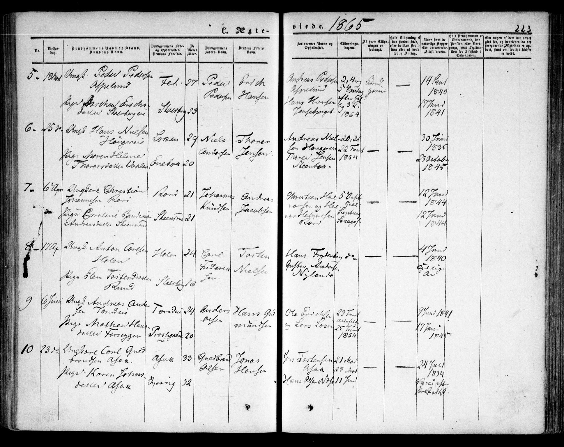 Skedsmo prestekontor Kirkebøker, SAO/A-10033a/F/Fa/L0010: Parish register (official) no. I 10, 1854-1865, p. 223