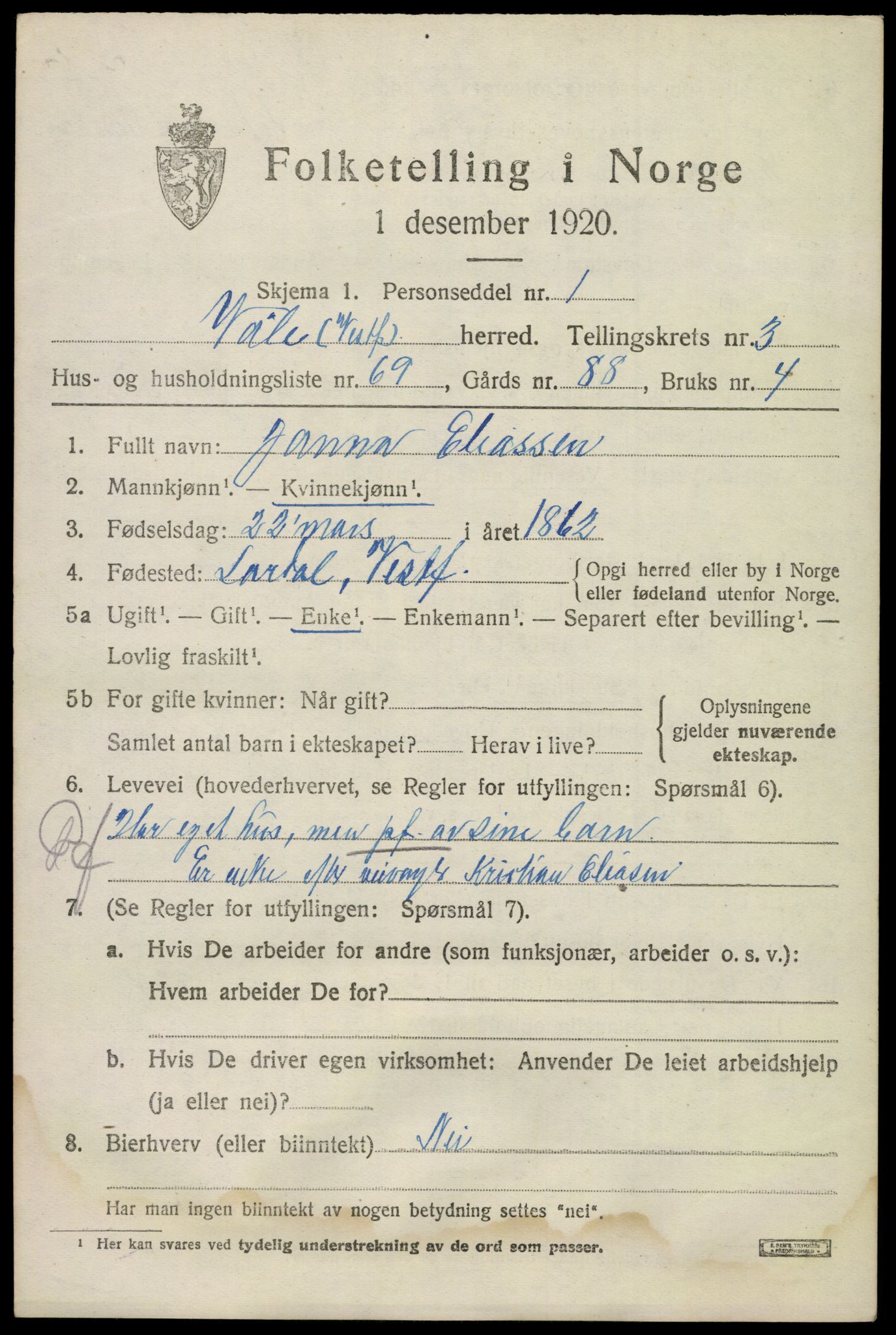 SAKO, 1920 census for Våle, 1920, p. 3128