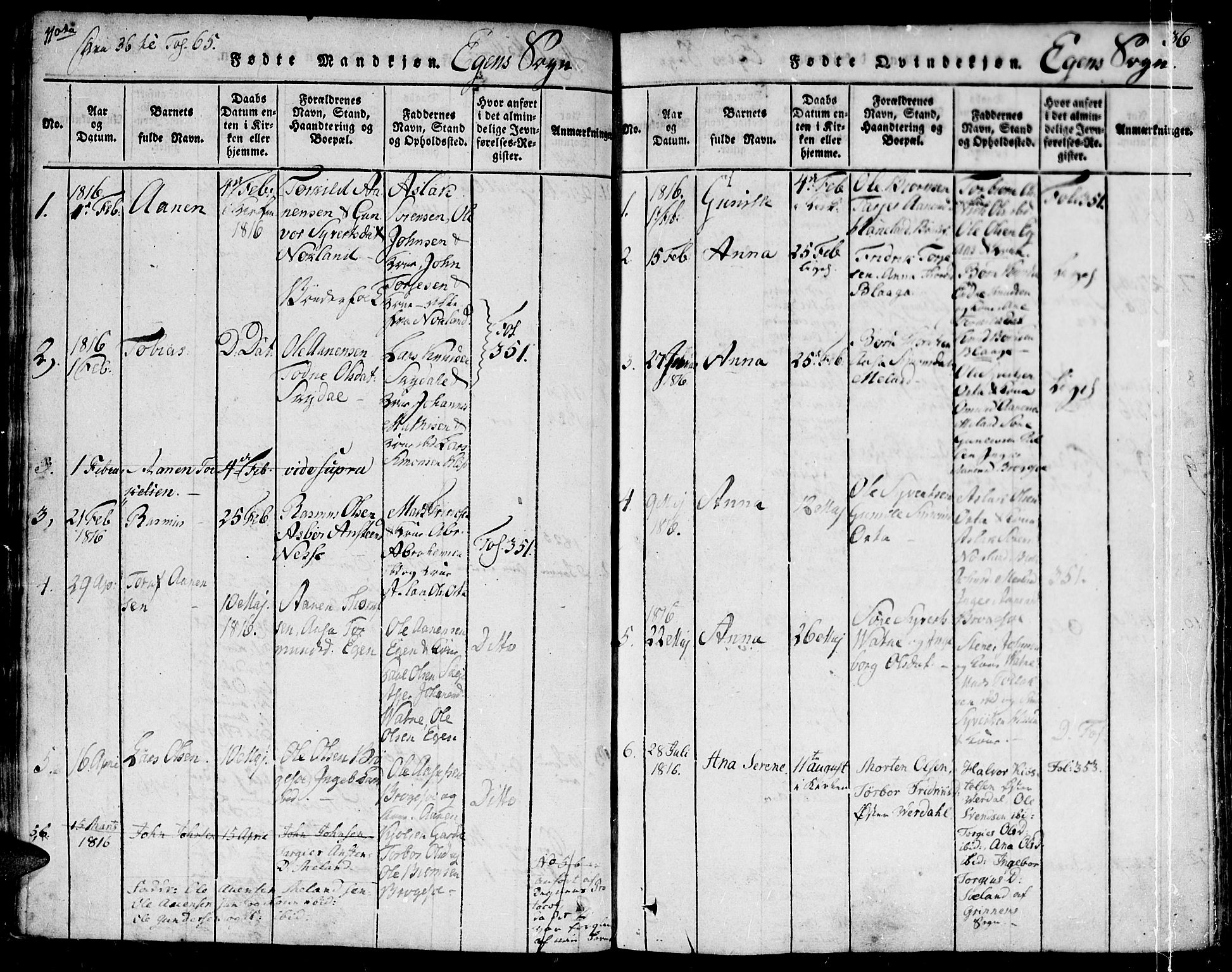 Hægebostad sokneprestkontor, SAK/1111-0024/F/Fa/Faa/L0002: Parish register (official) no. A 2 /2, 1816-1824, p. 36