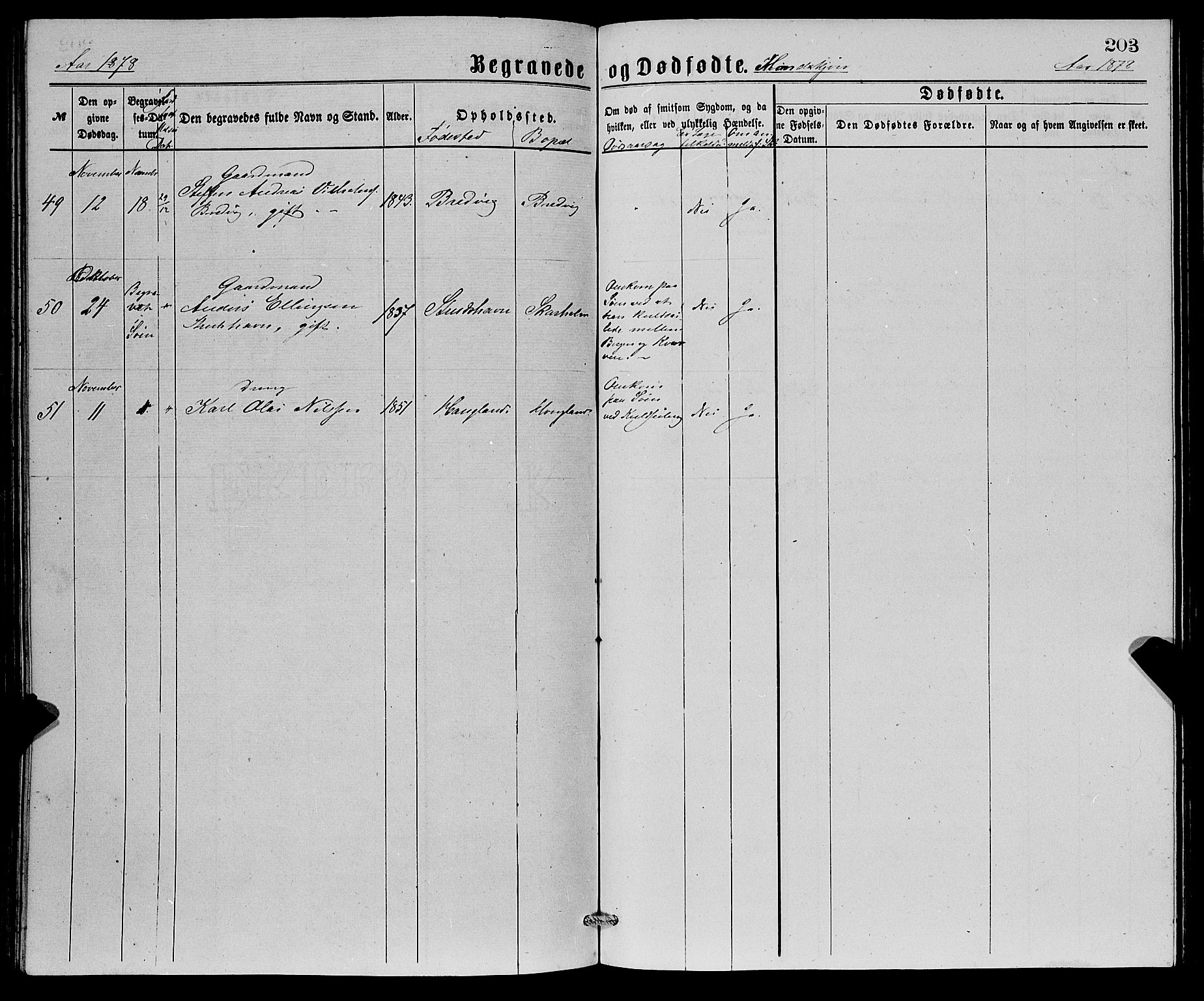 Askøy Sokneprestembete, SAB/A-74101/H/Ha/Hab/Haba/L0007: Parish register (copy) no. A 7, 1871-1881, p. 203