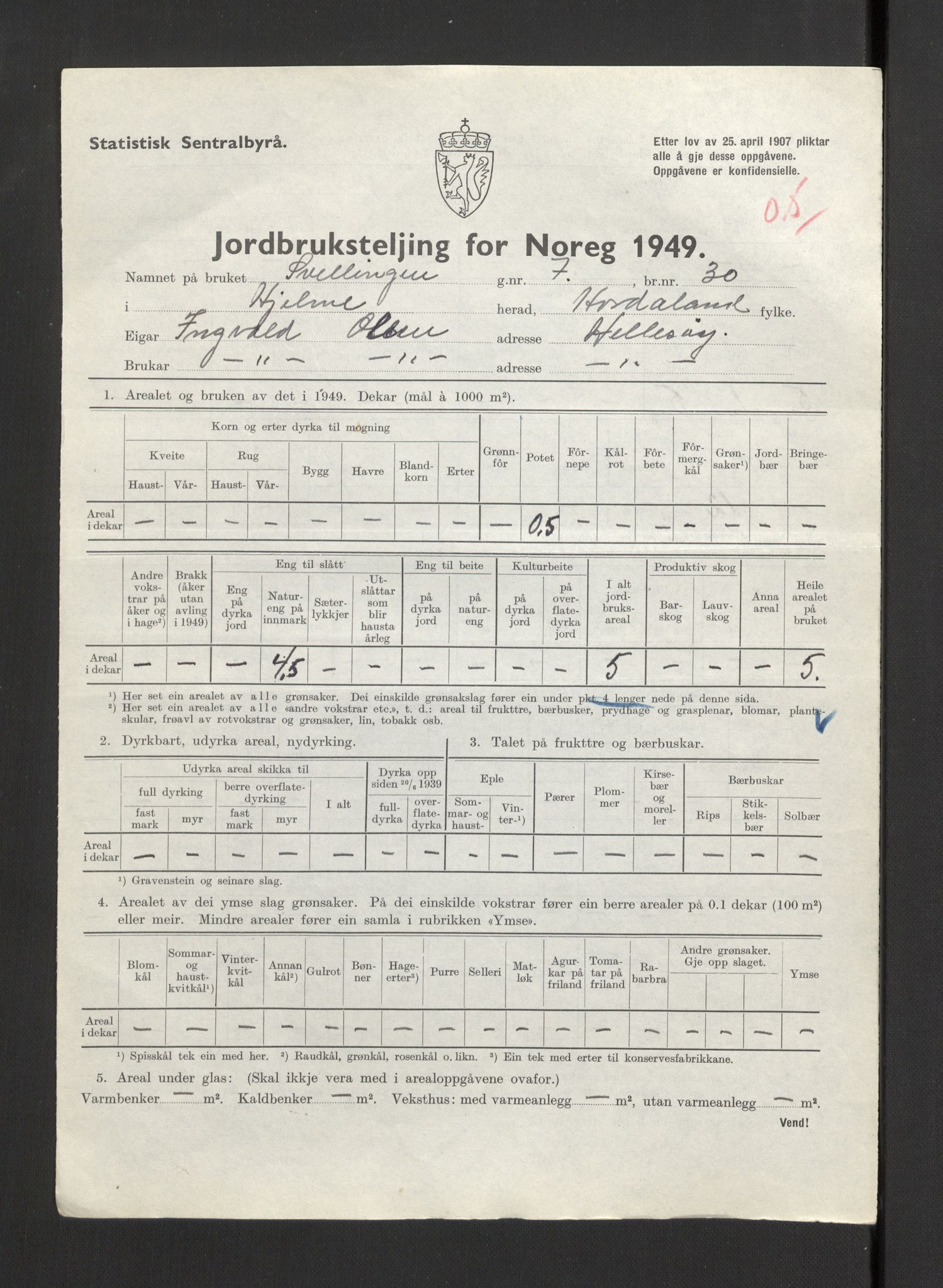 Statistisk sentralbyrå, Næringsøkonomiske emner, Jordbruk, skogbruk, jakt, fiske og fangst, AV/RA-S-2234/G/Gc/L0276: Hordaland: Herdla og Hjelme, 1949, p. 1144