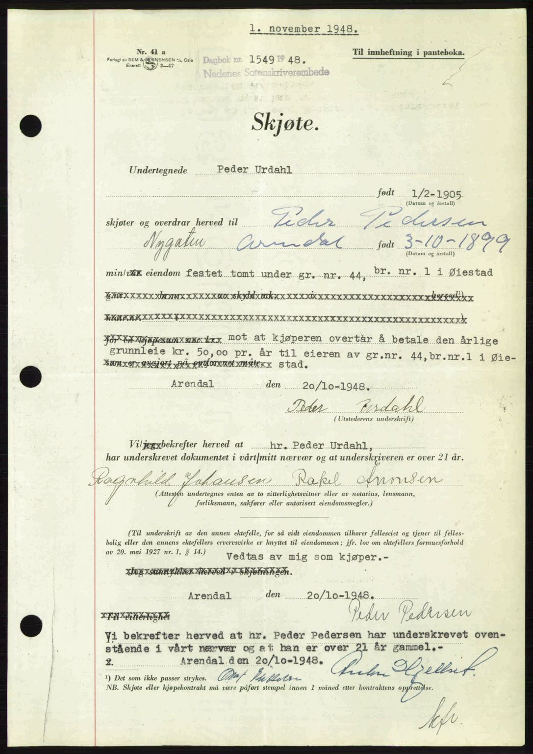 Nedenes sorenskriveri, AV/SAK-1221-0006/G/Gb/Gba/L0059: Mortgage book no. A11, 1948-1948, Diary no: : 1549/1948