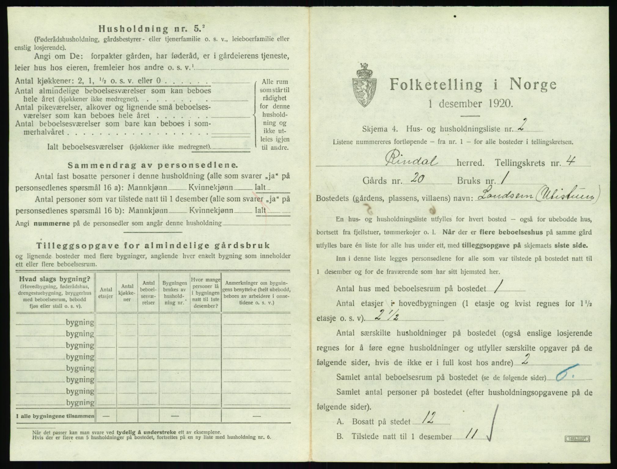 SAT, 1920 census for Rindal, 1920, p. 292