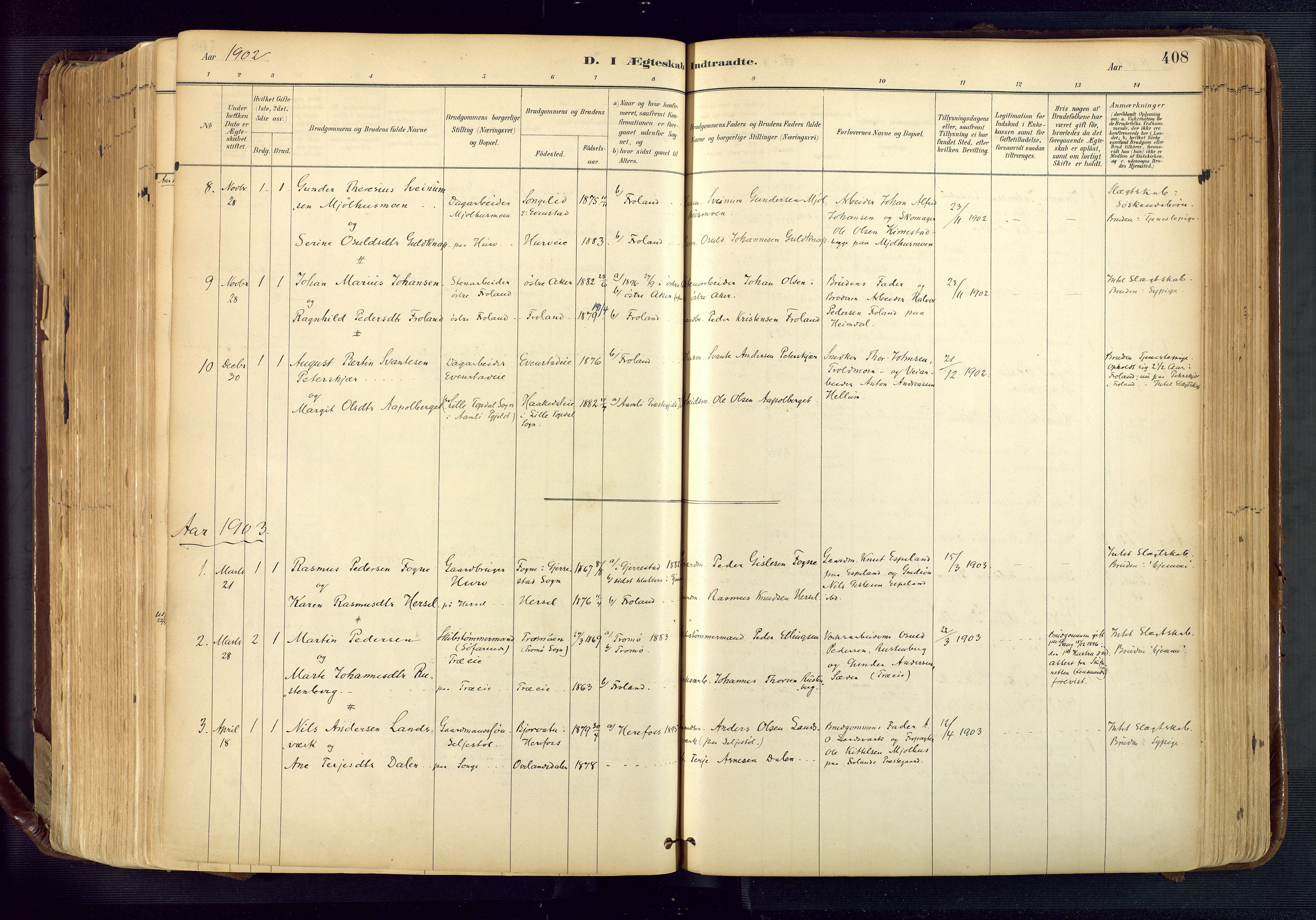 Froland sokneprestkontor, SAK/1111-0013/F/Fa/L0005: Parish register (official) no. A 5, 1882-1921, p. 408