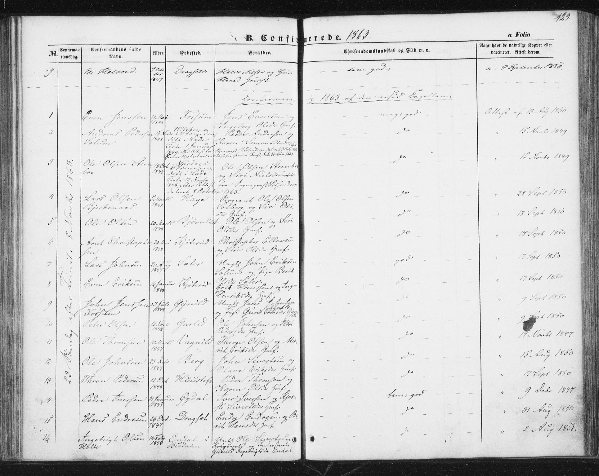 Ministerialprotokoller, klokkerbøker og fødselsregistre - Sør-Trøndelag, SAT/A-1456/689/L1038: Parish register (official) no. 689A03, 1848-1872, p. 129