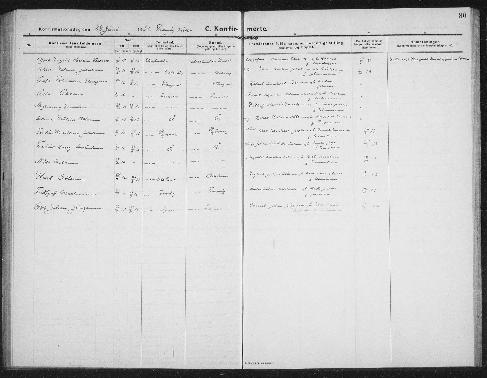 Tranøy sokneprestkontor, SATØ/S-1313/I/Ia/Iab/L0019klokker: Parish register (copy) no. 19, 1914-1940, p. 80