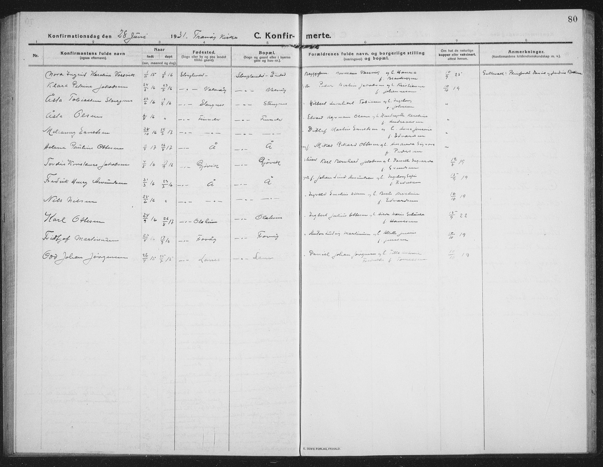 Tranøy sokneprestkontor, AV/SATØ-S-1313/I/Ia/Iab/L0019klokker: Parish register (copy) no. 19, 1914-1940, p. 80