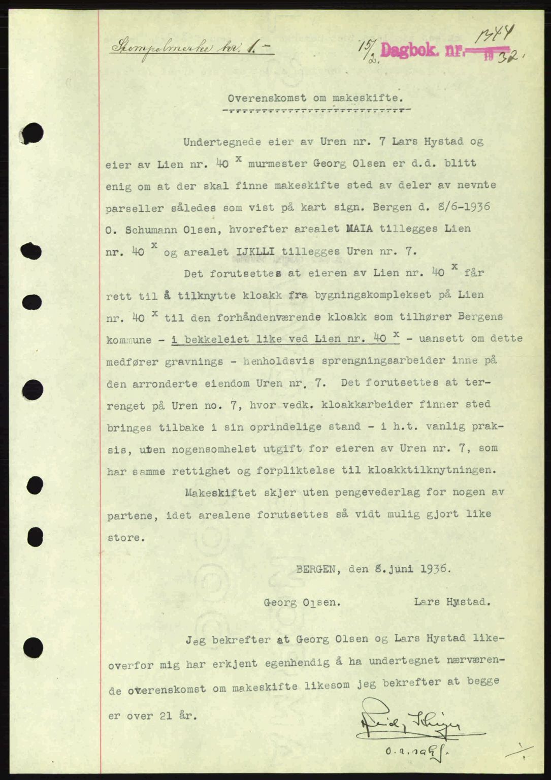 Byfogd og Byskriver i Bergen, SAB/A-3401/03/03Bc/L0004: Mortgage book no. A3-4, 1936-1937, Diary no: : 1344/1937