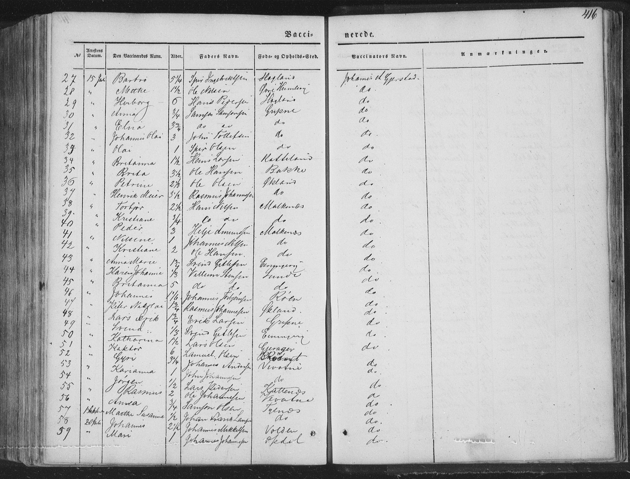 Tysnes sokneprestembete, AV/SAB-A-78601/H/Haa: Parish register (official) no. A 10, 1848-1859, p. 416