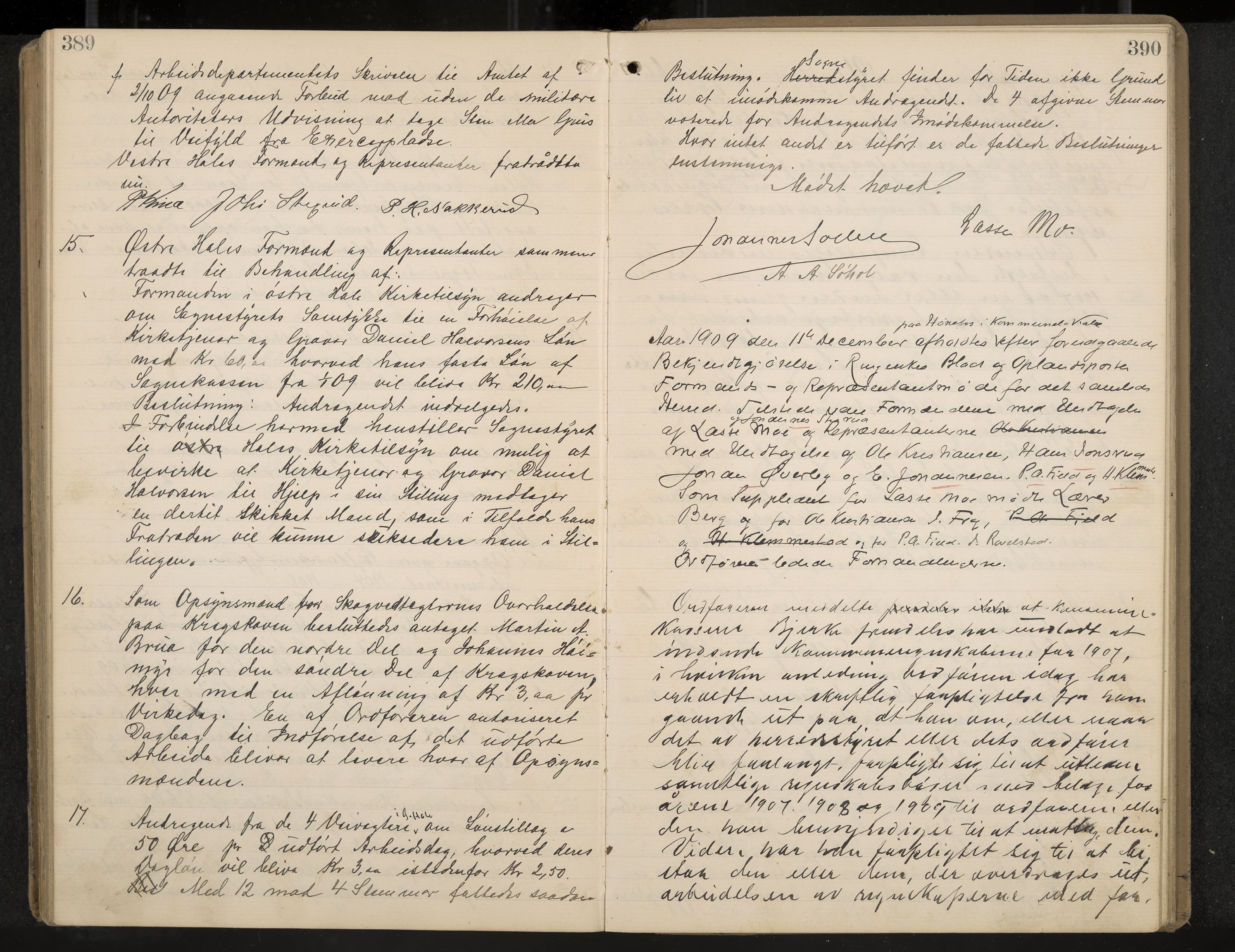 Hole formannskap og sentraladministrasjon, IKAK/0612021-1/A/Aa/L0004: Møtebok med register, 1902-1910, p. 389-390