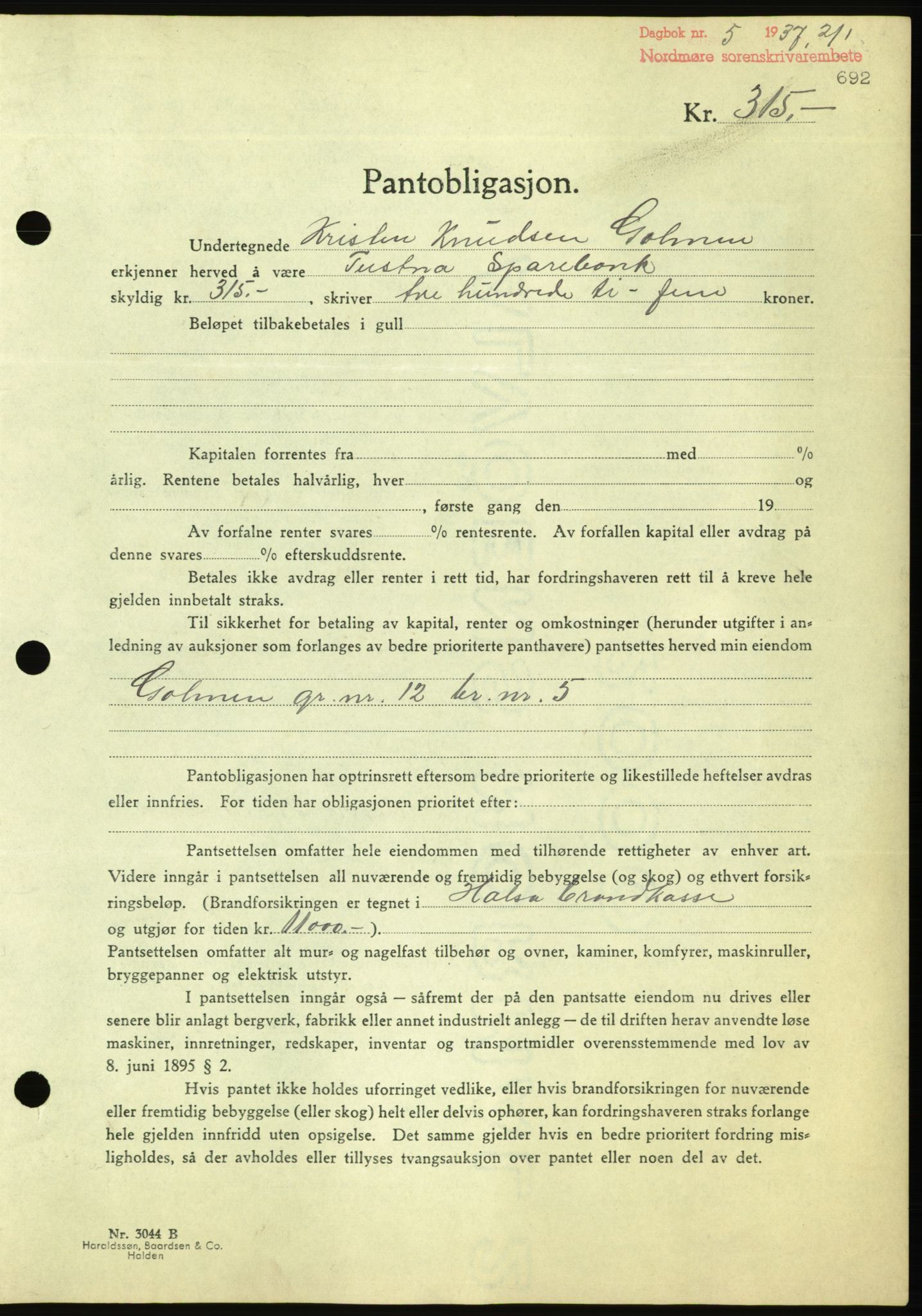 Nordmøre sorenskriveri, AV/SAT-A-4132/1/2/2Ca/L0090: Mortgage book no. B80, 1936-1937, Diary no: : 5/1937