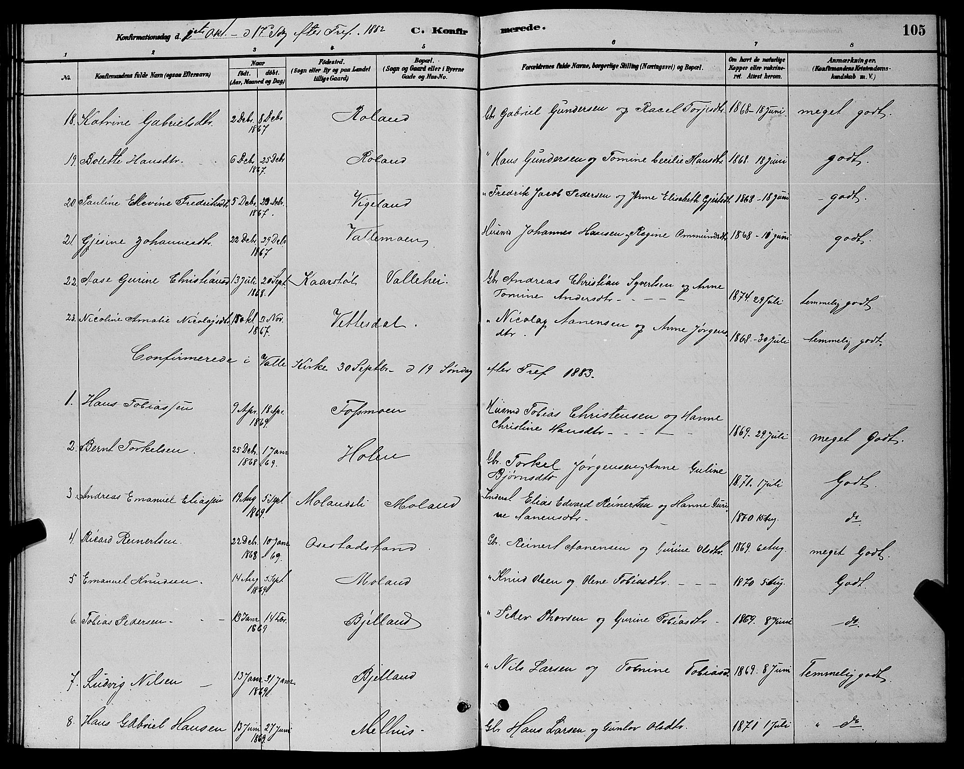 Sør-Audnedal sokneprestkontor, SAK/1111-0039/F/Fb/Fbb/L0005: Parish register (copy) no. B 5, 1880-1892, p. 105