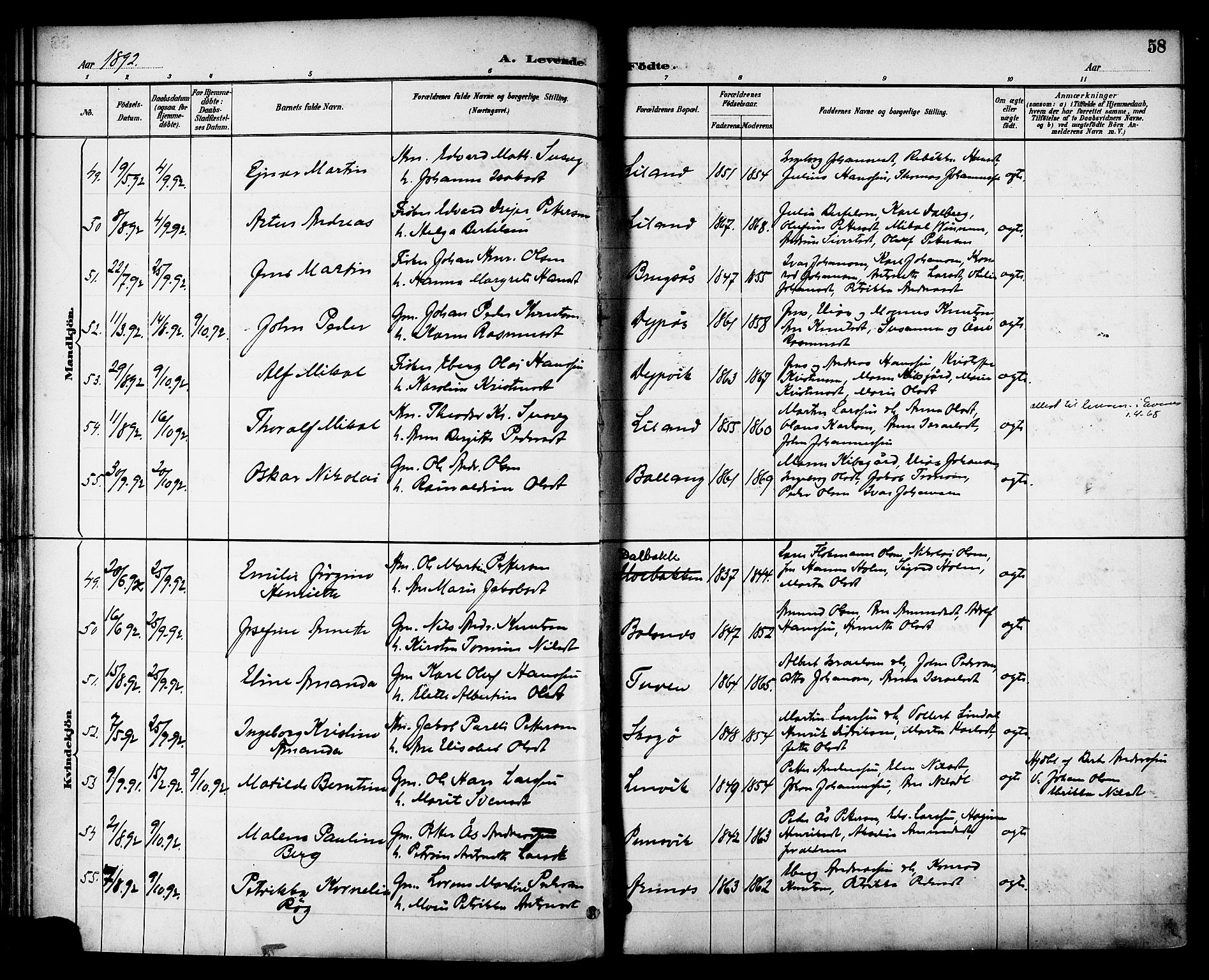 Ministerialprotokoller, klokkerbøker og fødselsregistre - Nordland, AV/SAT-A-1459/863/L0898: Parish register (official) no. 863A10, 1886-1897, p. 58