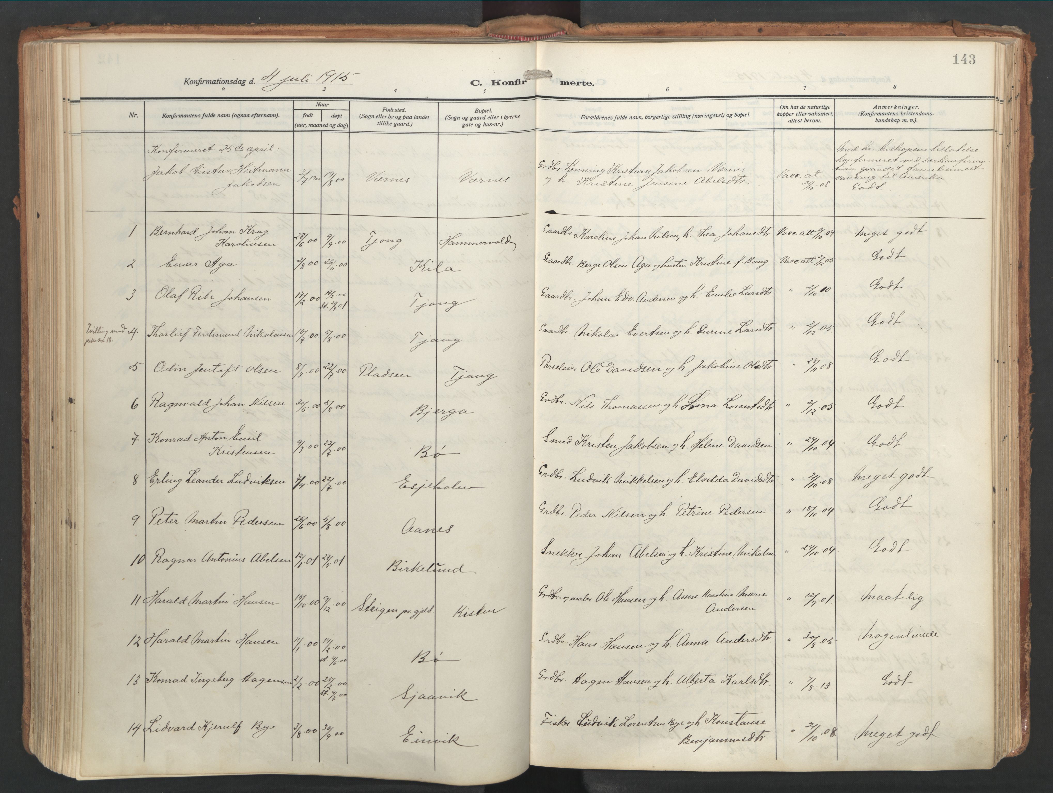 Ministerialprotokoller, klokkerbøker og fødselsregistre - Nordland, SAT/A-1459/841/L0614: Parish register (official) no. 841A17, 1911-1925, p. 143