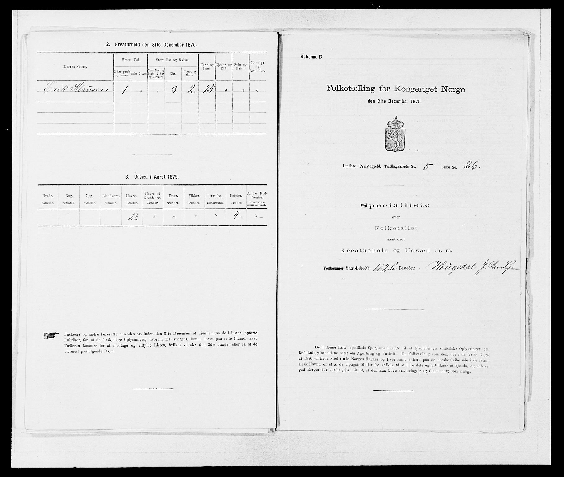 SAB, 1875 census for 1263P Lindås, 1875, p. 442