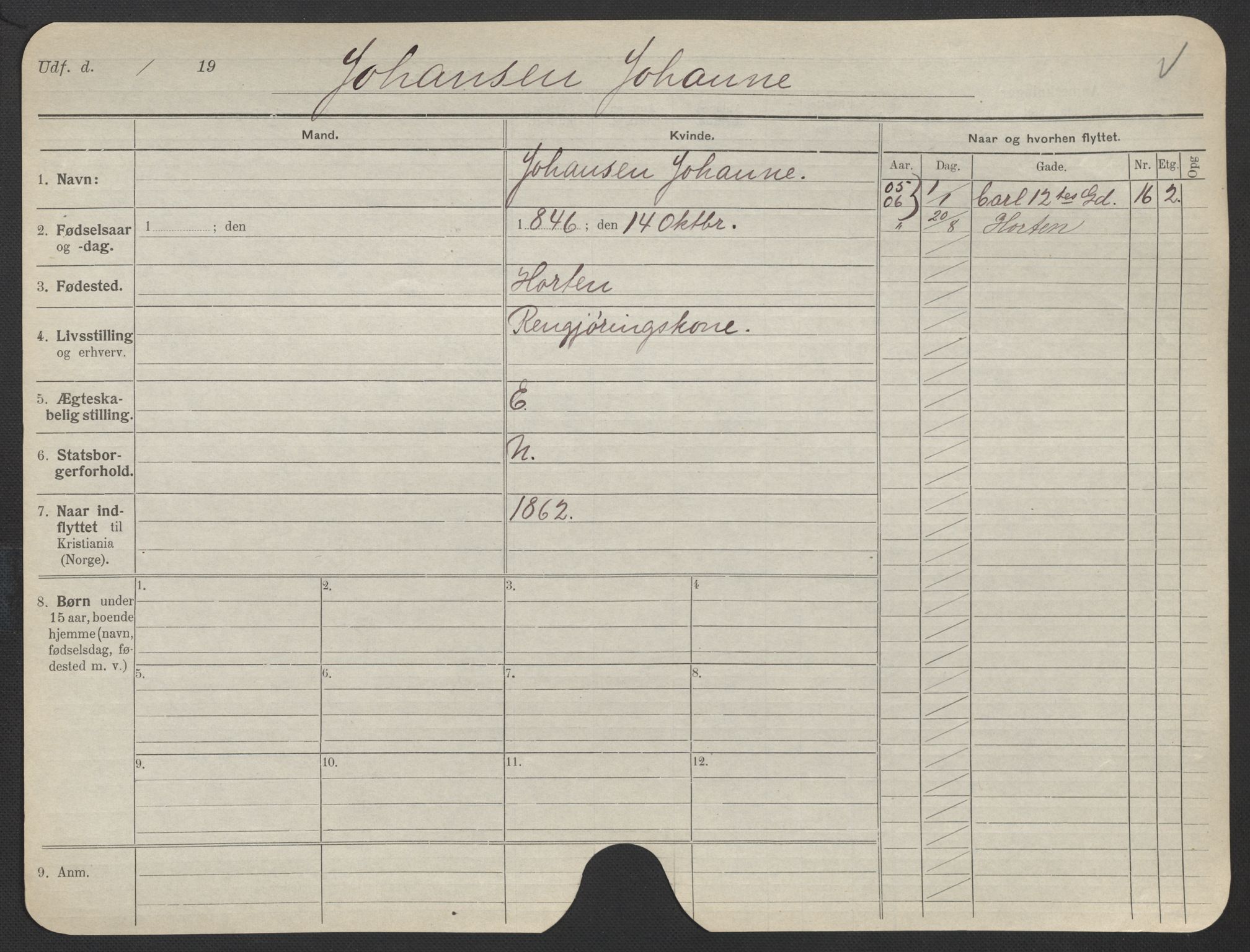 Oslo folkeregister, Registerkort, SAO/A-11715/F/Fa/Fac/L0018: Kvinner, 1906-1914, p. 126a