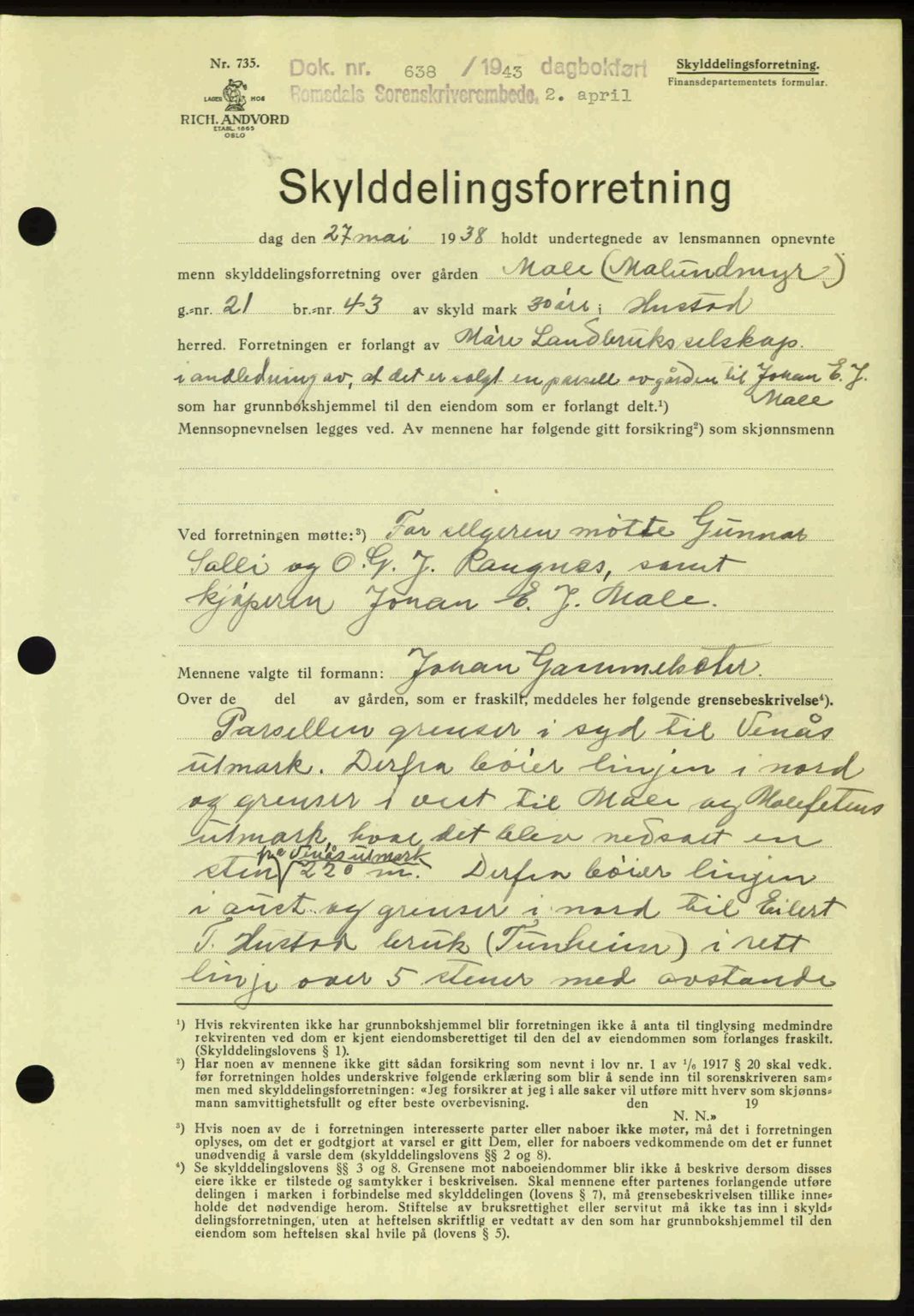 Romsdal sorenskriveri, AV/SAT-A-4149/1/2/2C: Mortgage book no. A14, 1943-1943, Diary no: : 638/1943