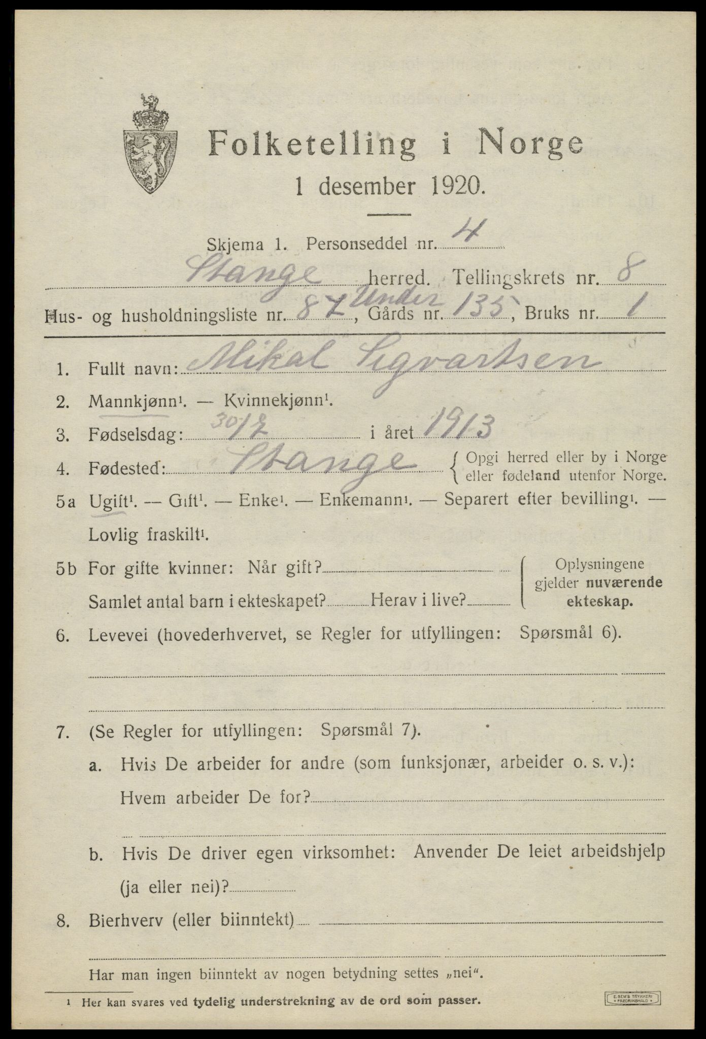 SAH, 1920 census for Stange, 1920, p. 14577