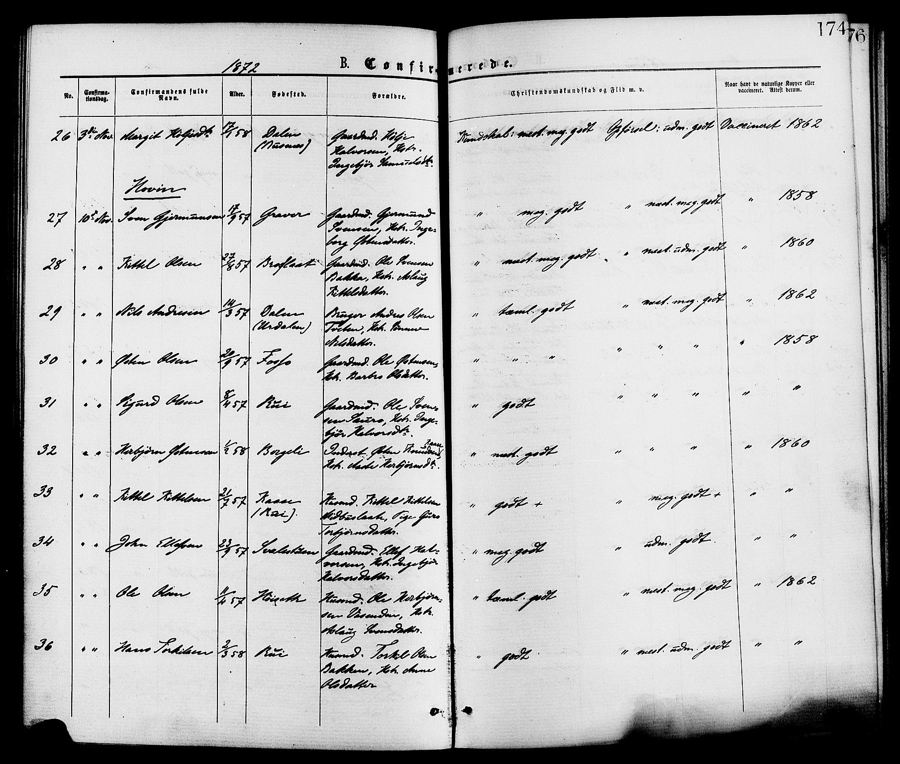 Gransherad kirkebøker, AV/SAKO-A-267/F/Fa/L0004: Parish register (official) no. I 4, 1871-1886, p. 174