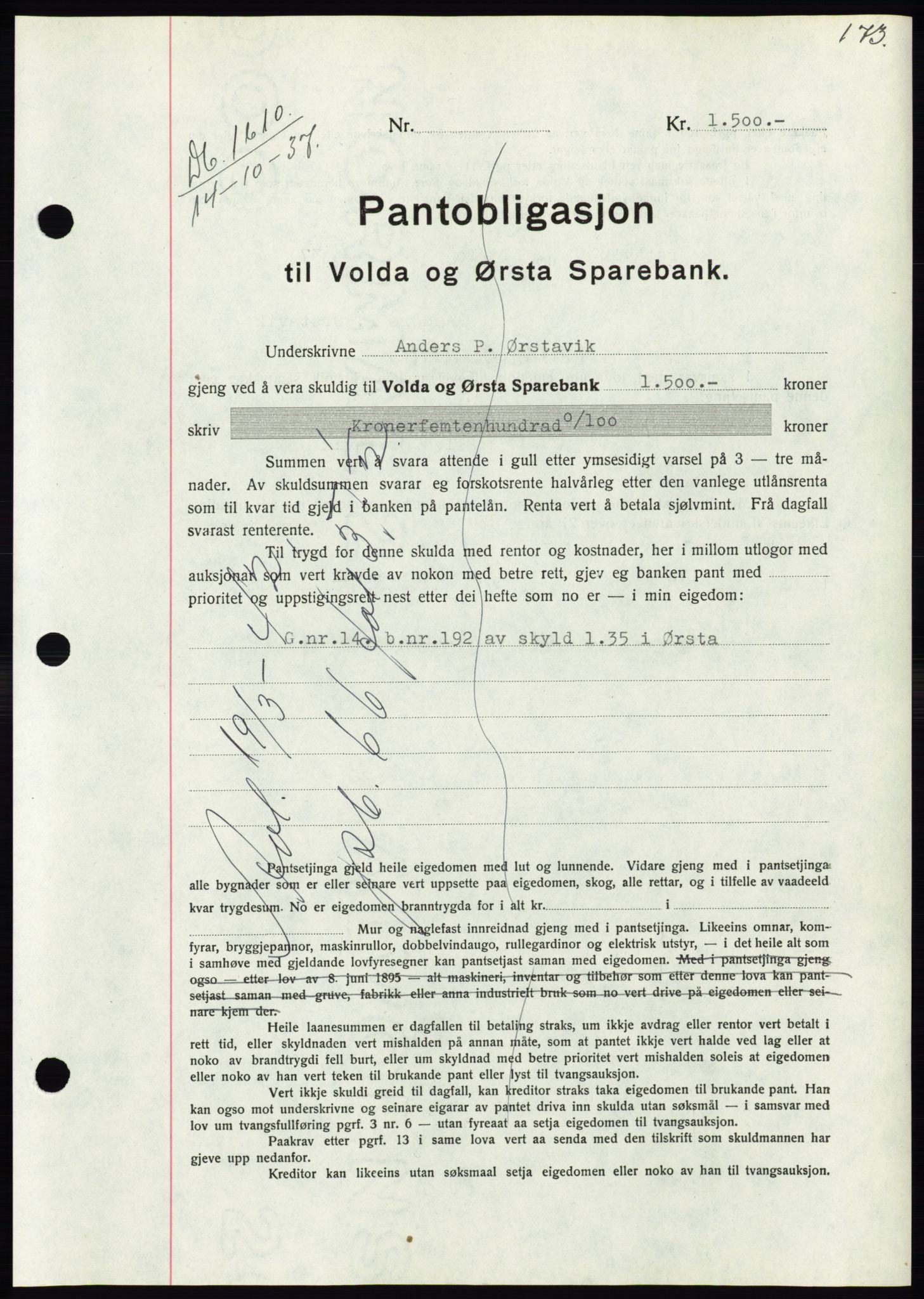 Søre Sunnmøre sorenskriveri, AV/SAT-A-4122/1/2/2C/L0064: Mortgage book no. 58, 1937-1938, Diary no: : 1610/1937