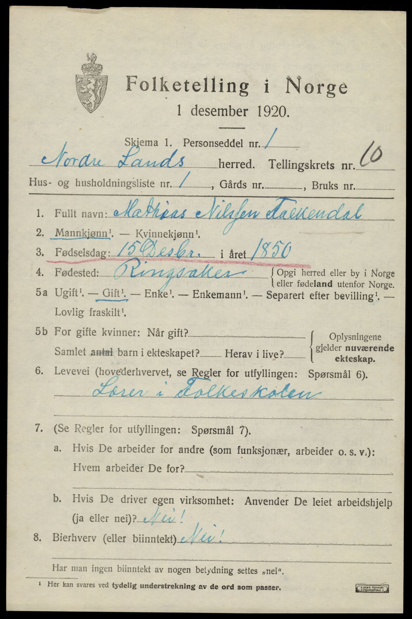 SAH, 1920 census for Nordre Land, 1920, p. 5262