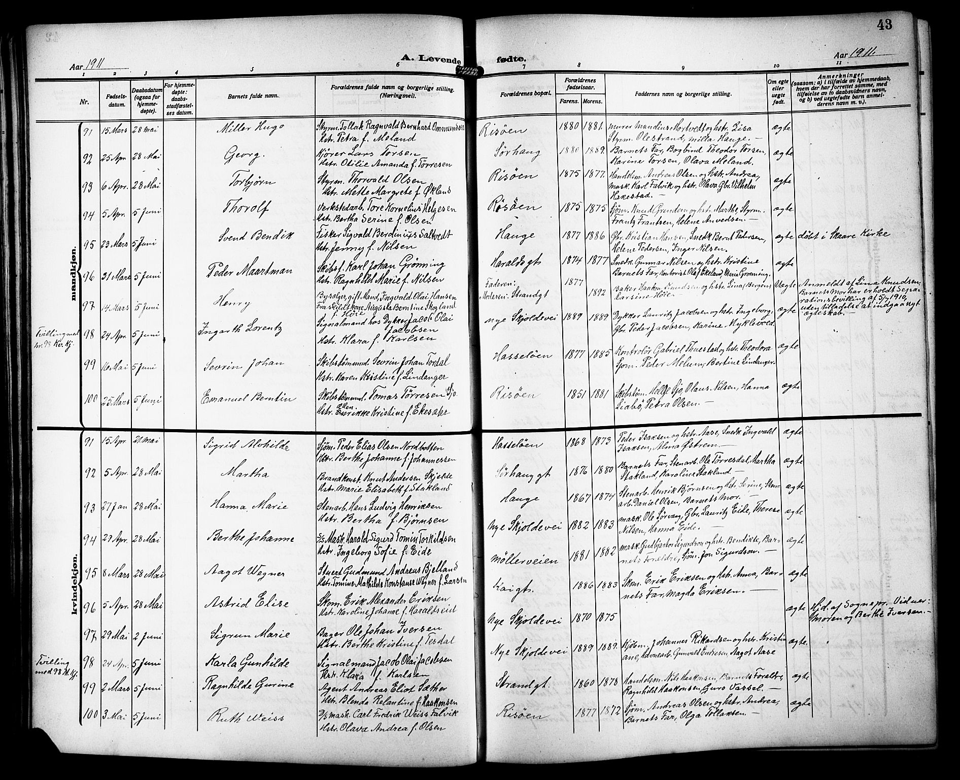 Haugesund sokneprestkontor, AV/SAST-A -101863/H/Ha/Hab/L0007: Parish register (copy) no. B 7, 1909-1920, p. 43