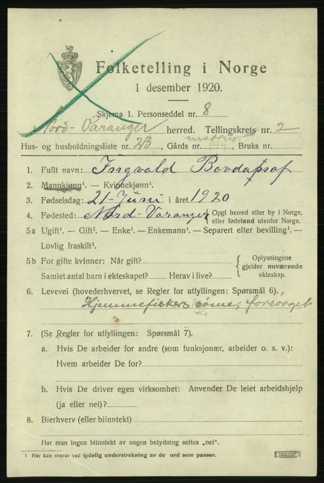 SATØ, 1920 census for Nord-Varanger, 1920, p. 1222