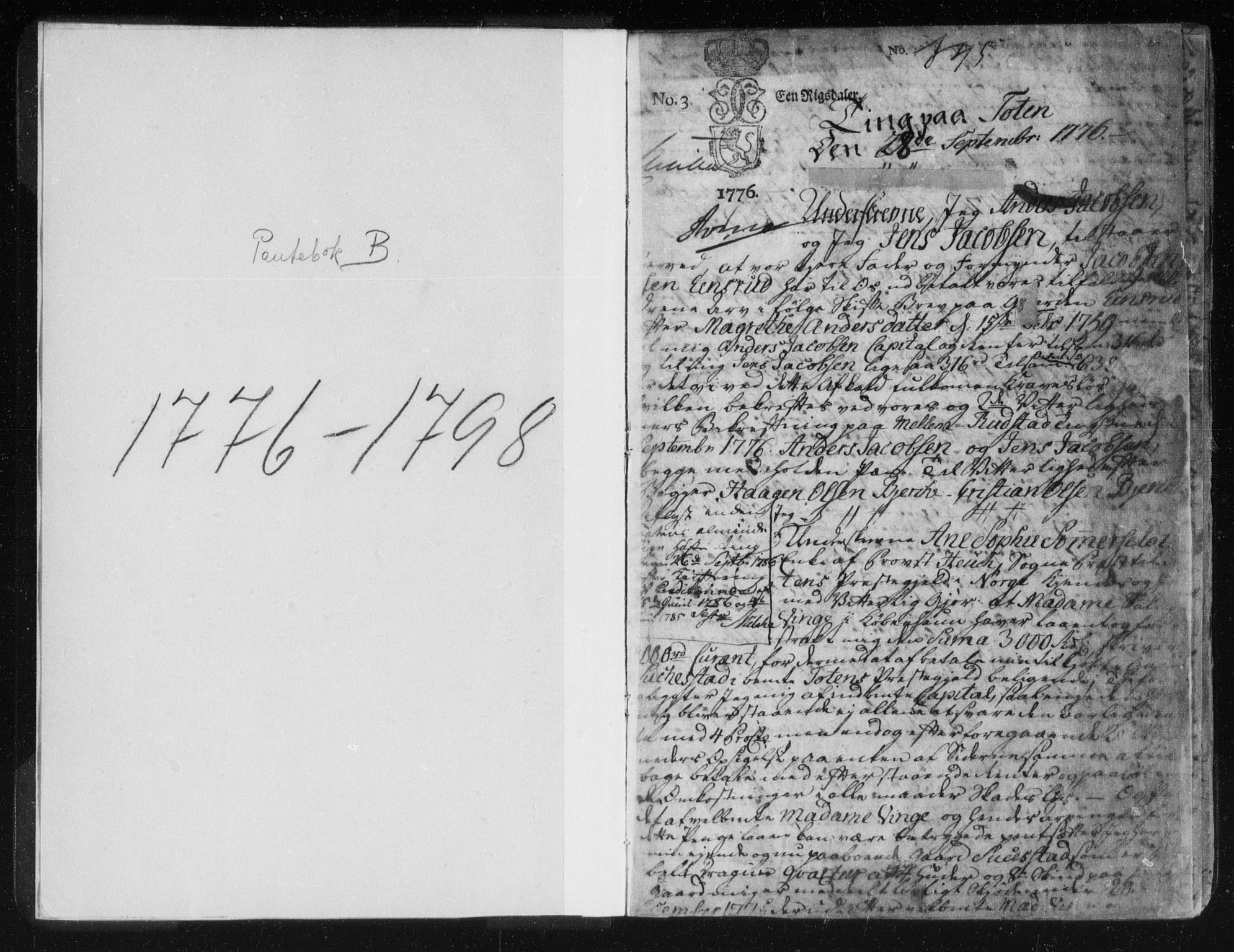 Toten tingrett, SAH/TING-006/H/Hb/Hba/L0003a: Mortgage book no. 3a, 1776-1787, p. 0-1